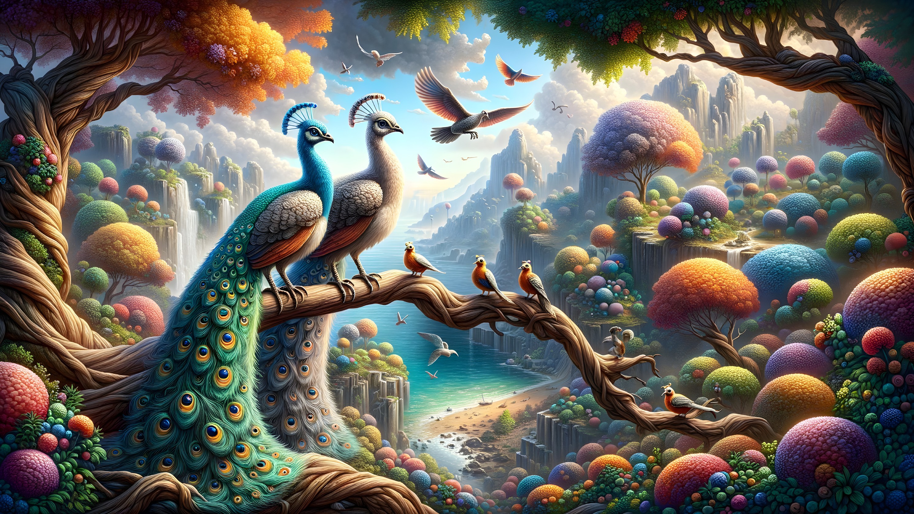 Fantasy Landscape with Peacocks and Vibrant Nature