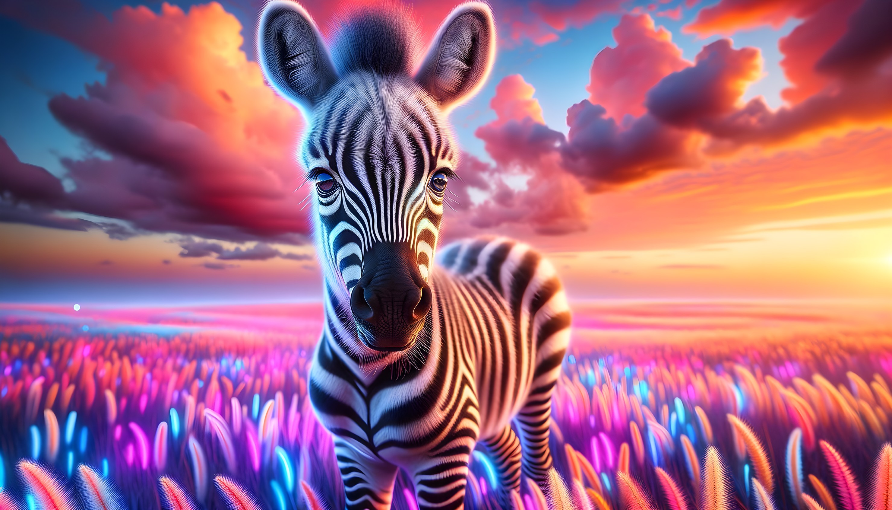 Zebra in a Colorful Field at Sunset