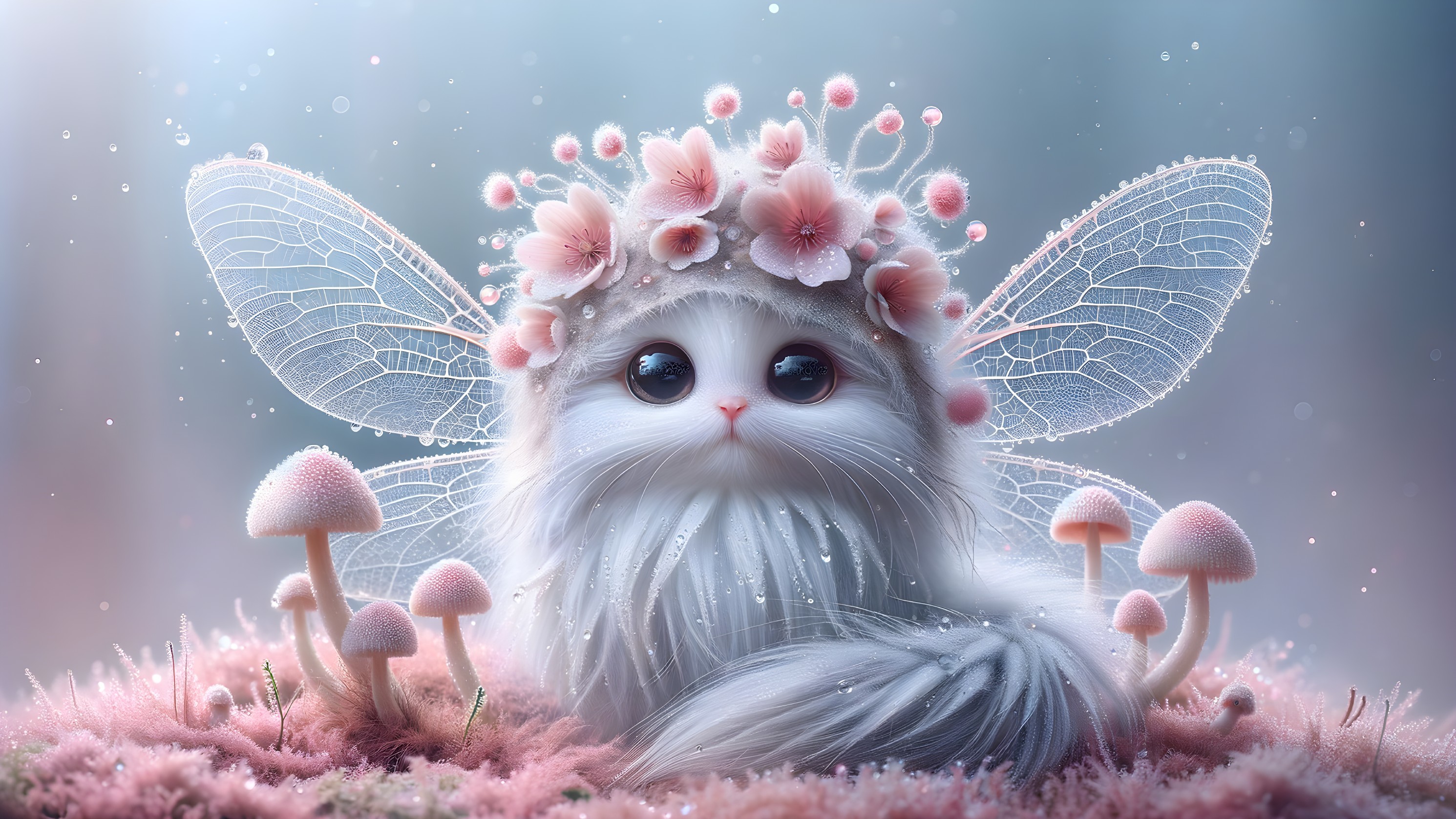 Fluffy Creature Among Pink Moss and Mushrooms