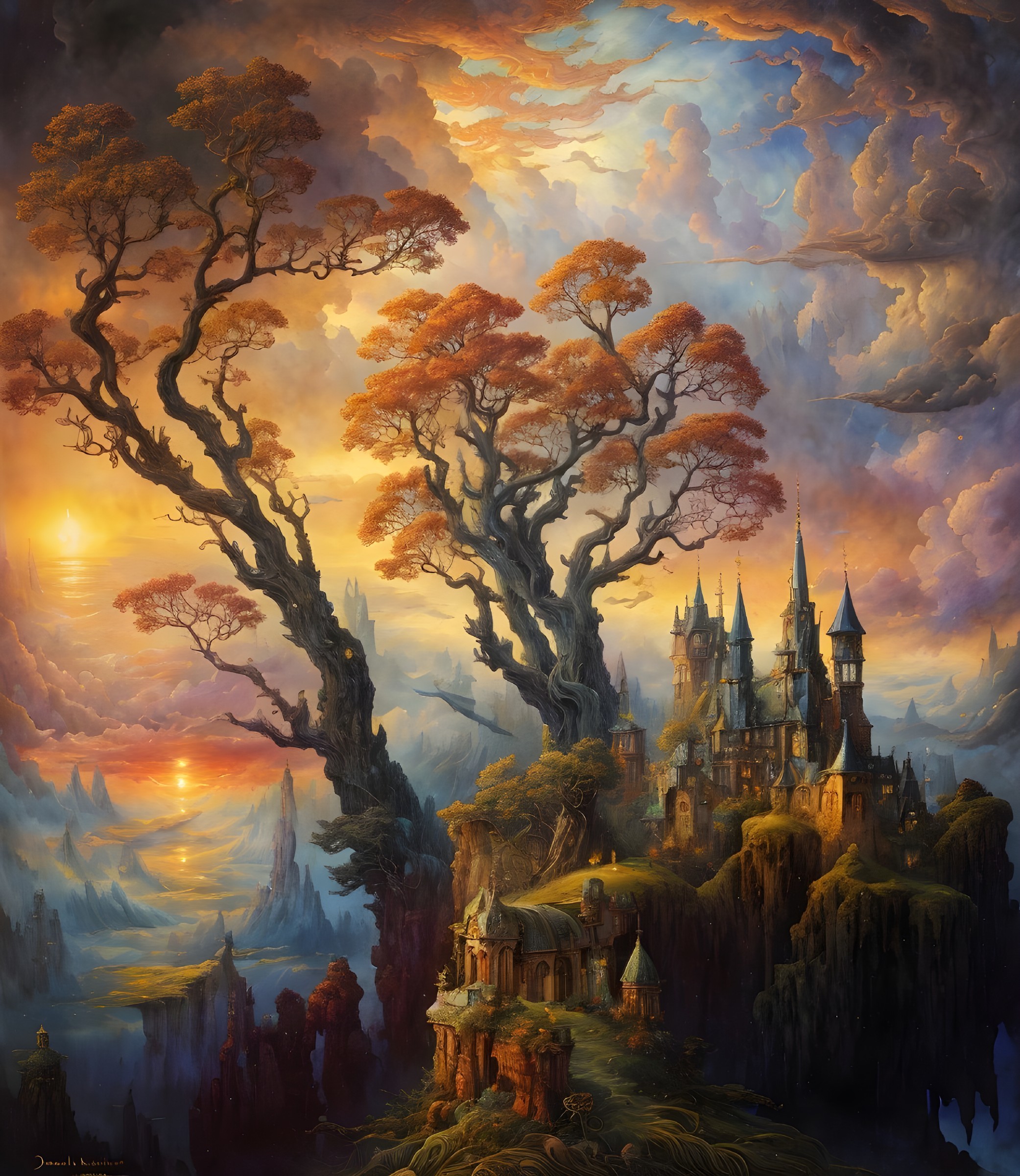Fantastical Landscape with Ancient Trees and Castle