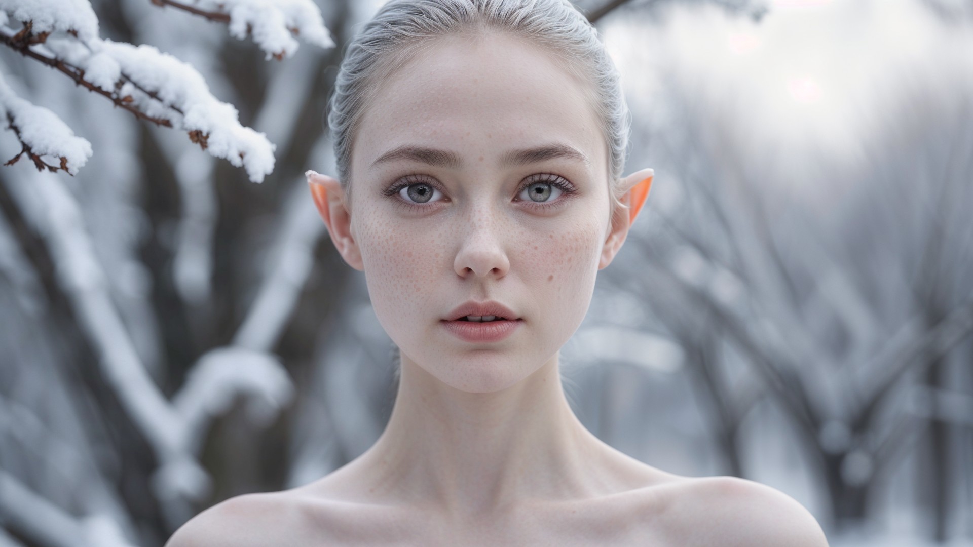 Young Woman in Snowy Landscape with Ethereal Features