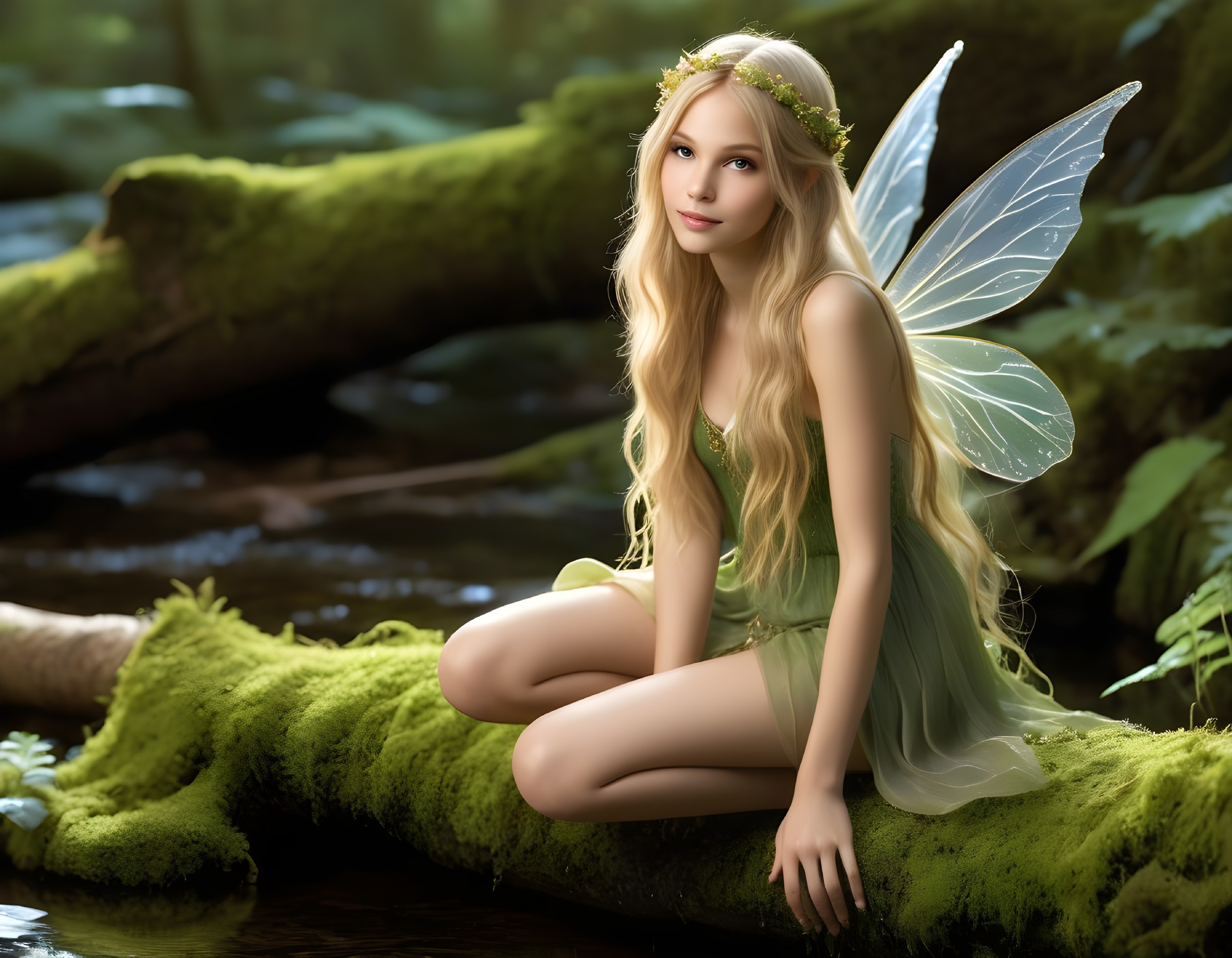 Fairy Sitting on Moss Log by Forest Stream