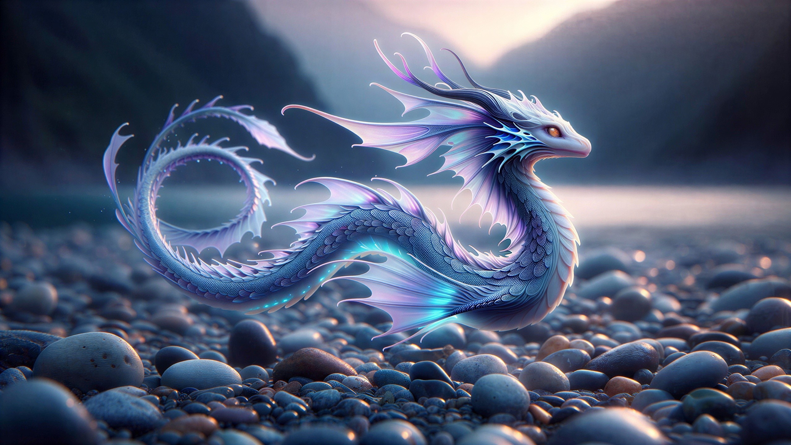 Translucent Blue Chinese Dragon Over Pebble Shore