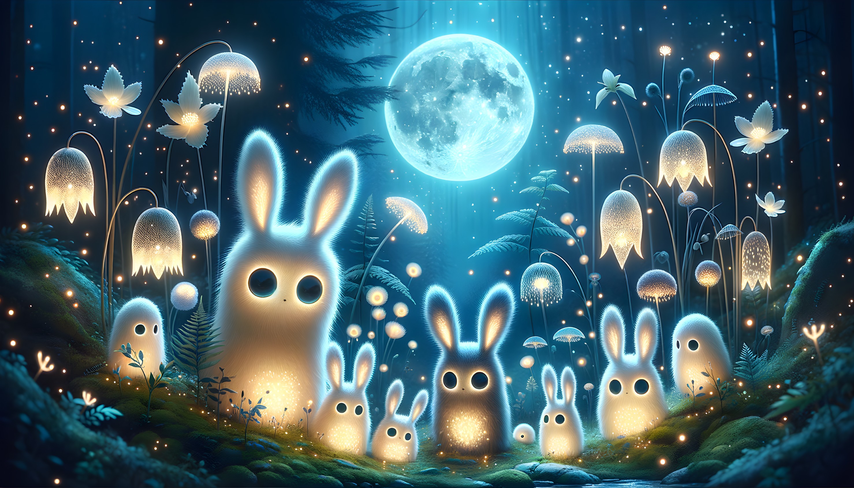 Luminous Rabbits in a Mystical Moonlit Forest
