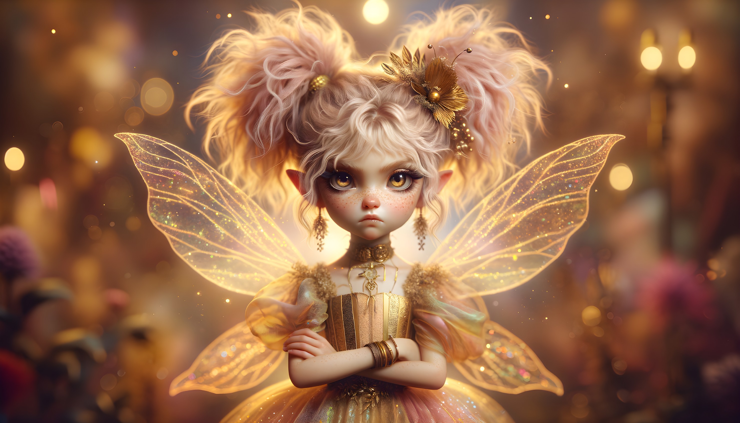 Whimsical Fairy Girl with Iridescent Wings and Flowers