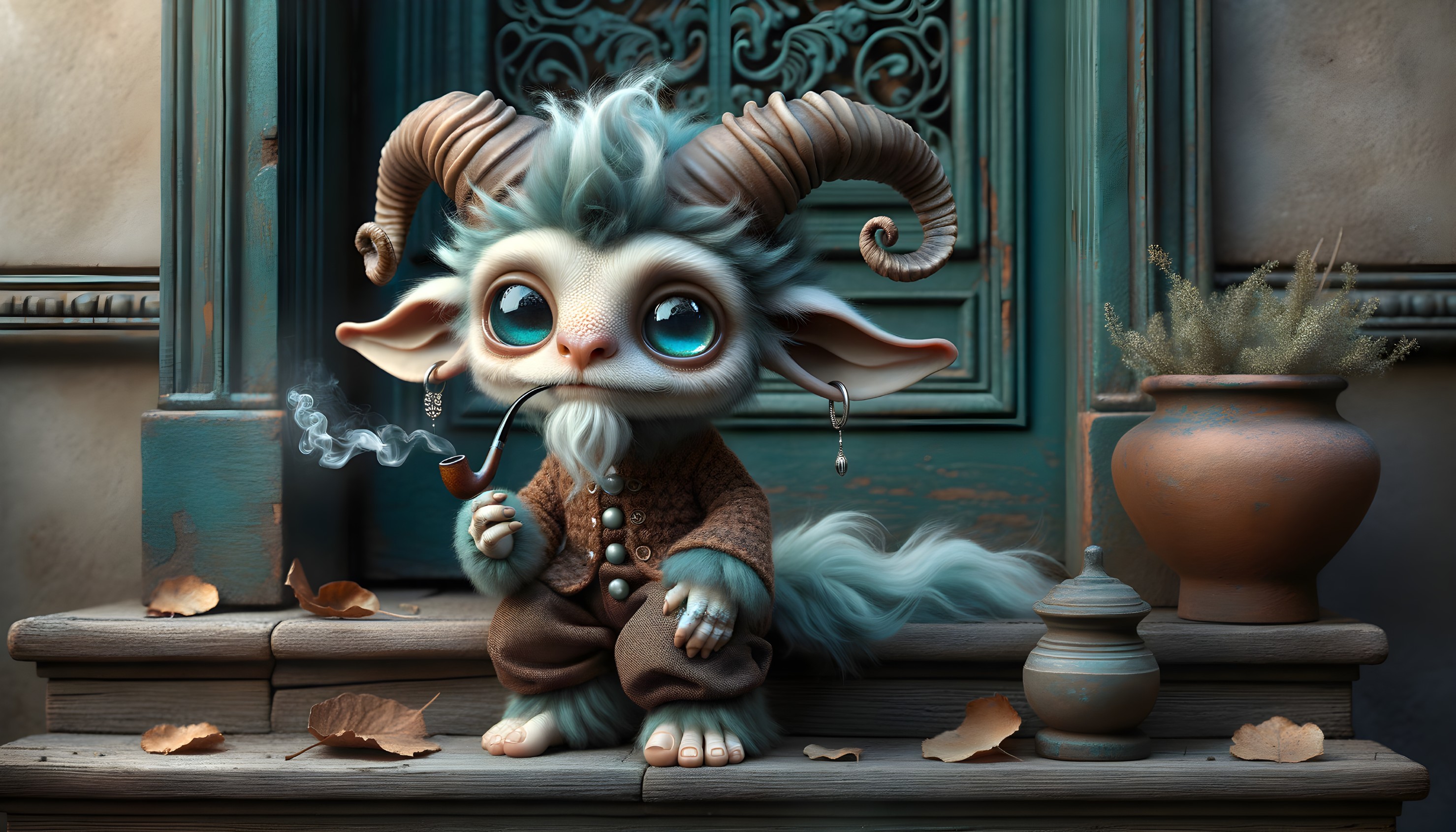 Whimsical creature with blue eyes and cozy attire