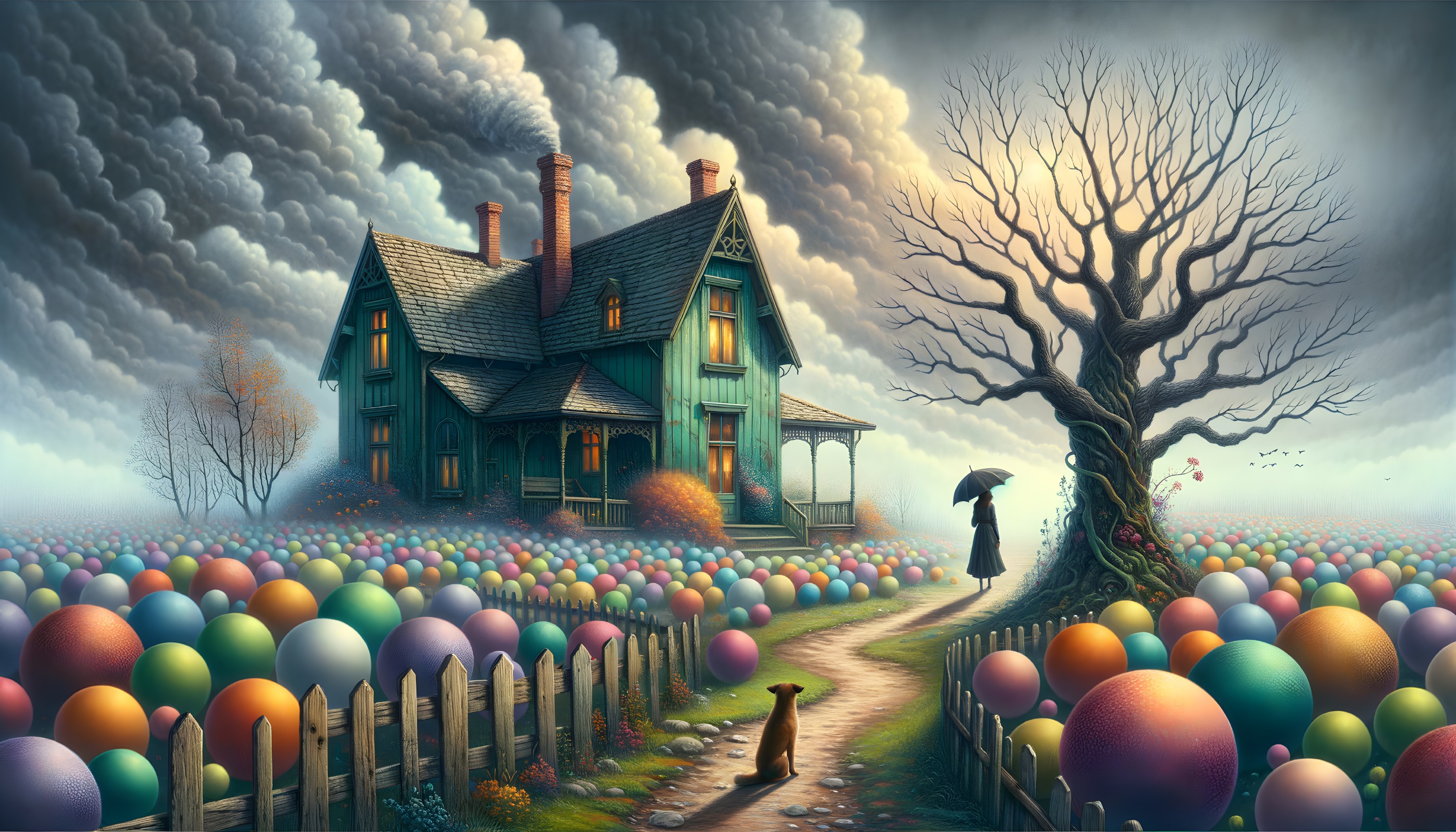 Teal House Surrounded by Colorful Spheres and Clouds