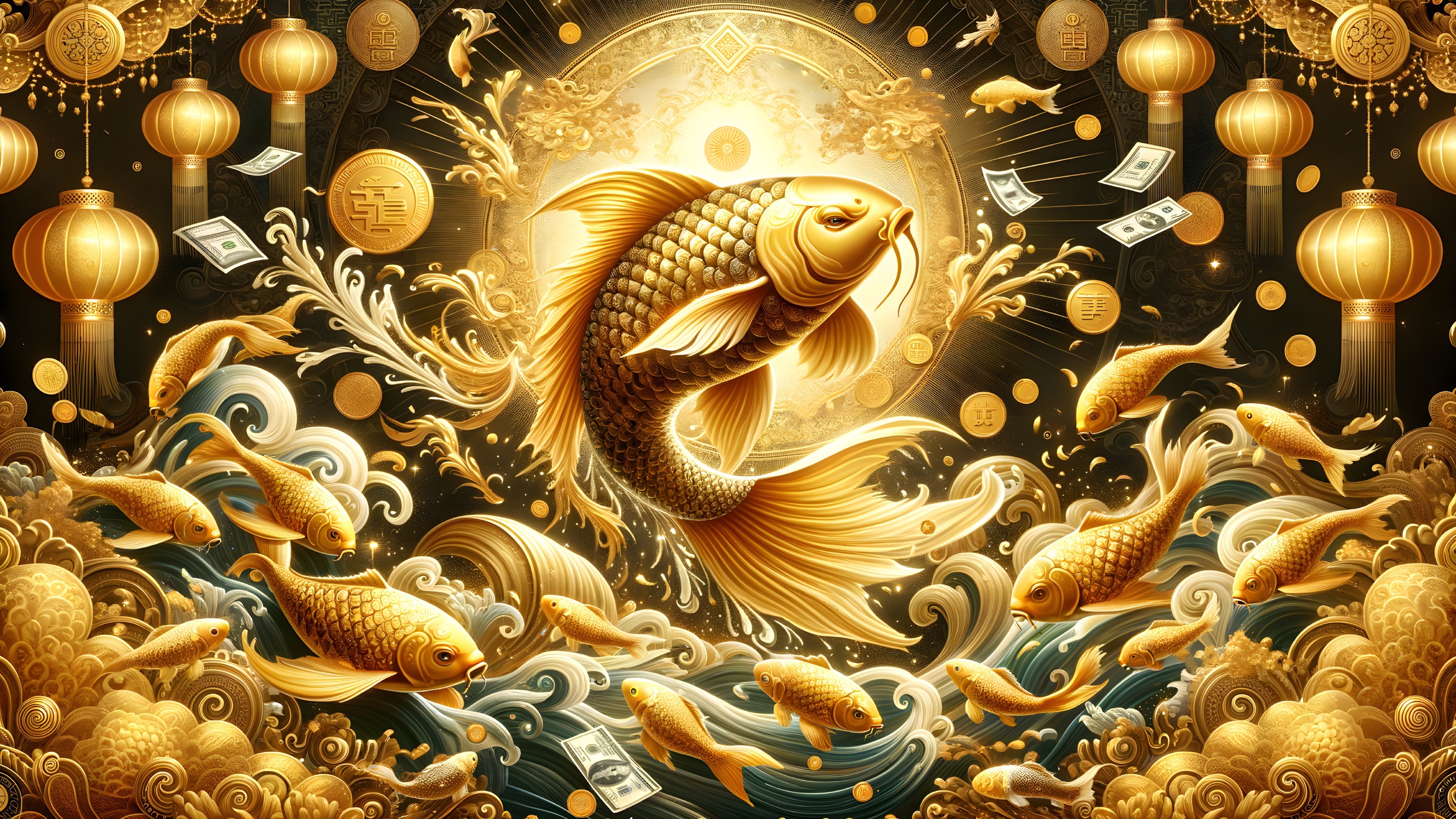 Golden Koi Fish in Vibrant Waves and Lanterns