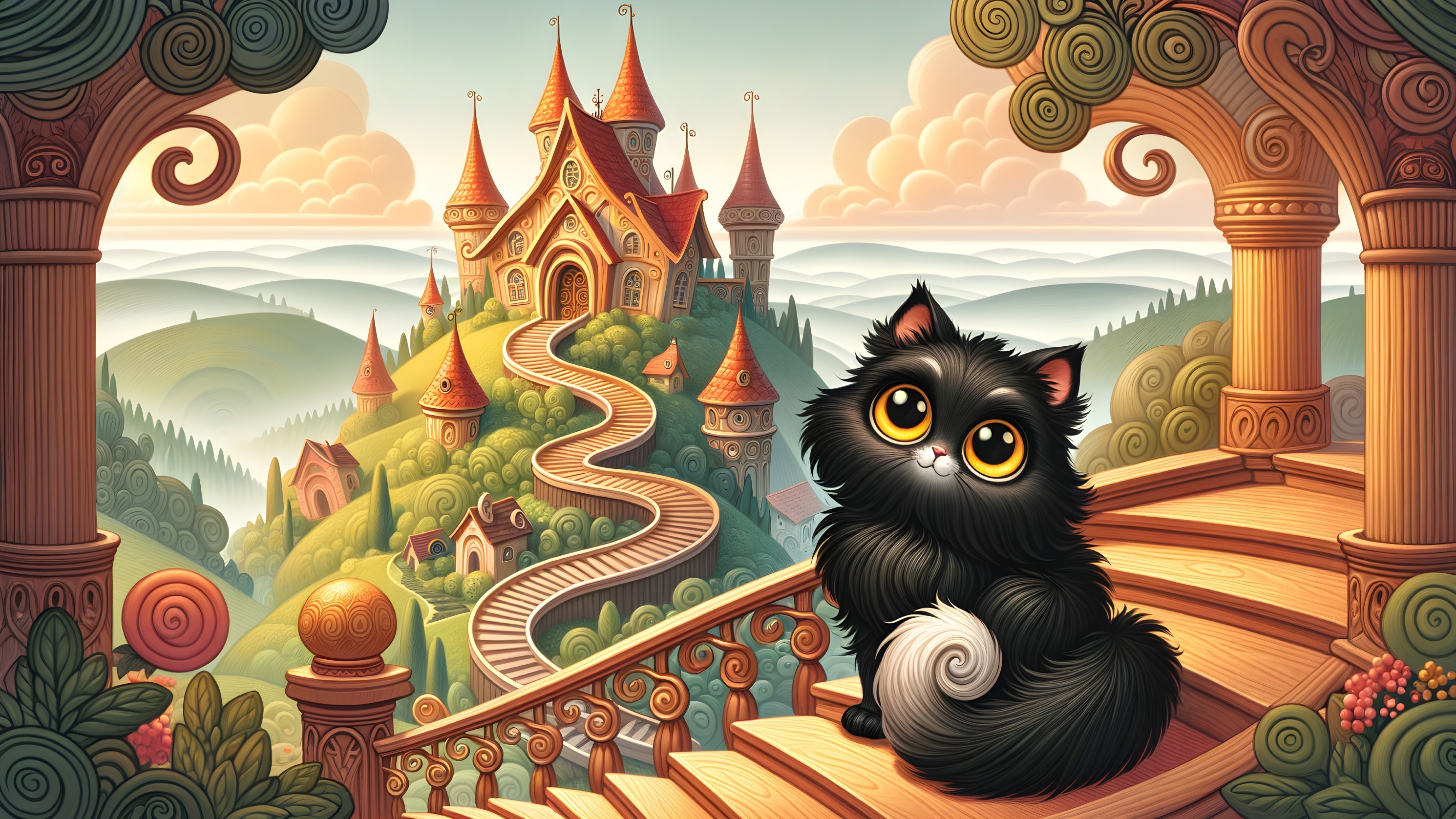 Charming Black Cat on Staircase with Fairy-Tale Castle