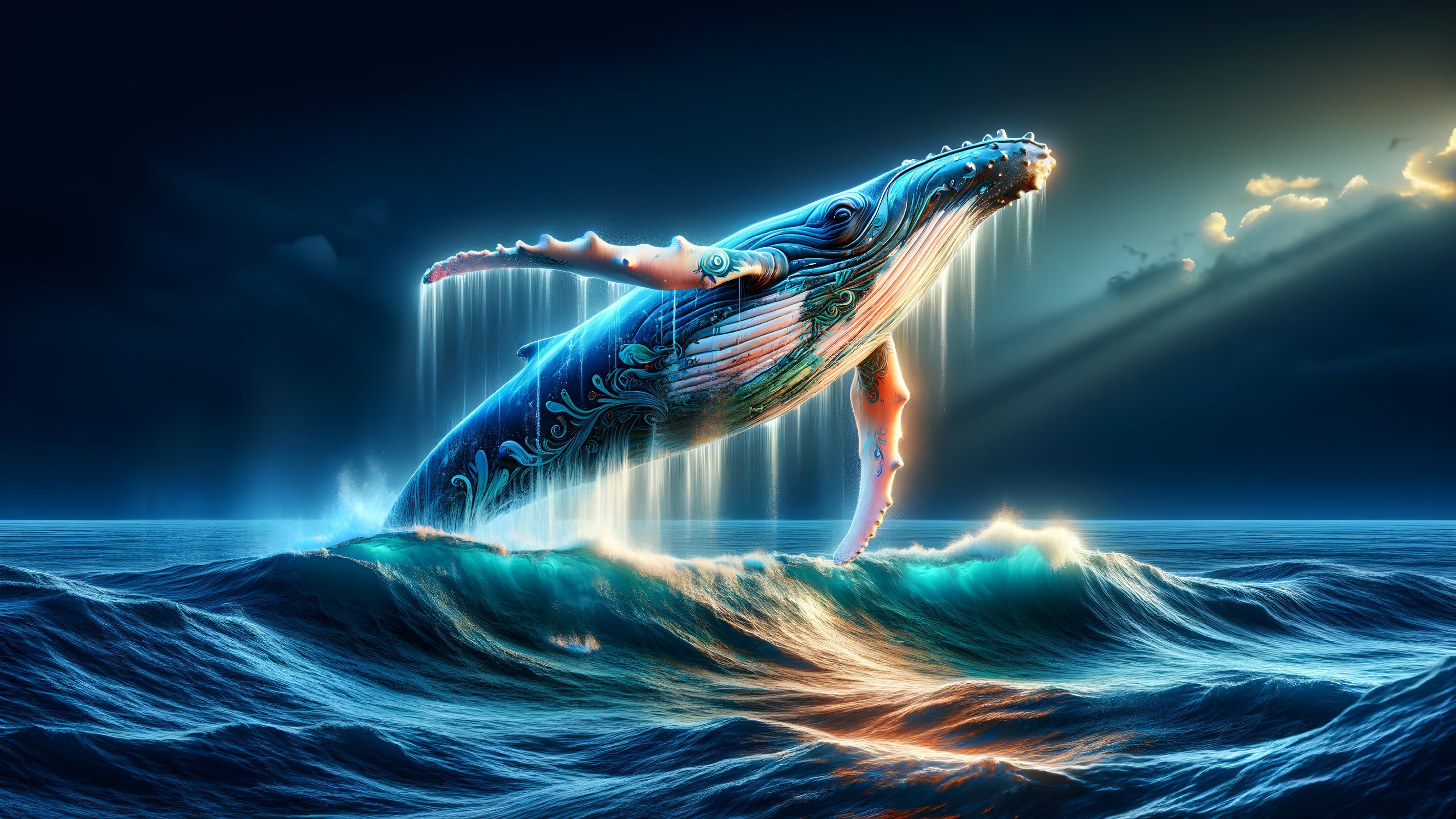 Humpback Whale Breaching in Ethereal Ocean Light