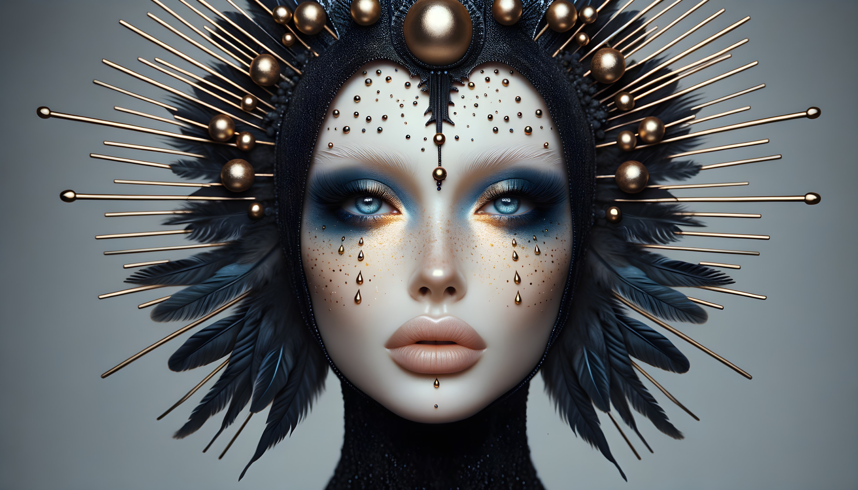 Artistic Face with Intricate Makeup and Unique Headdress