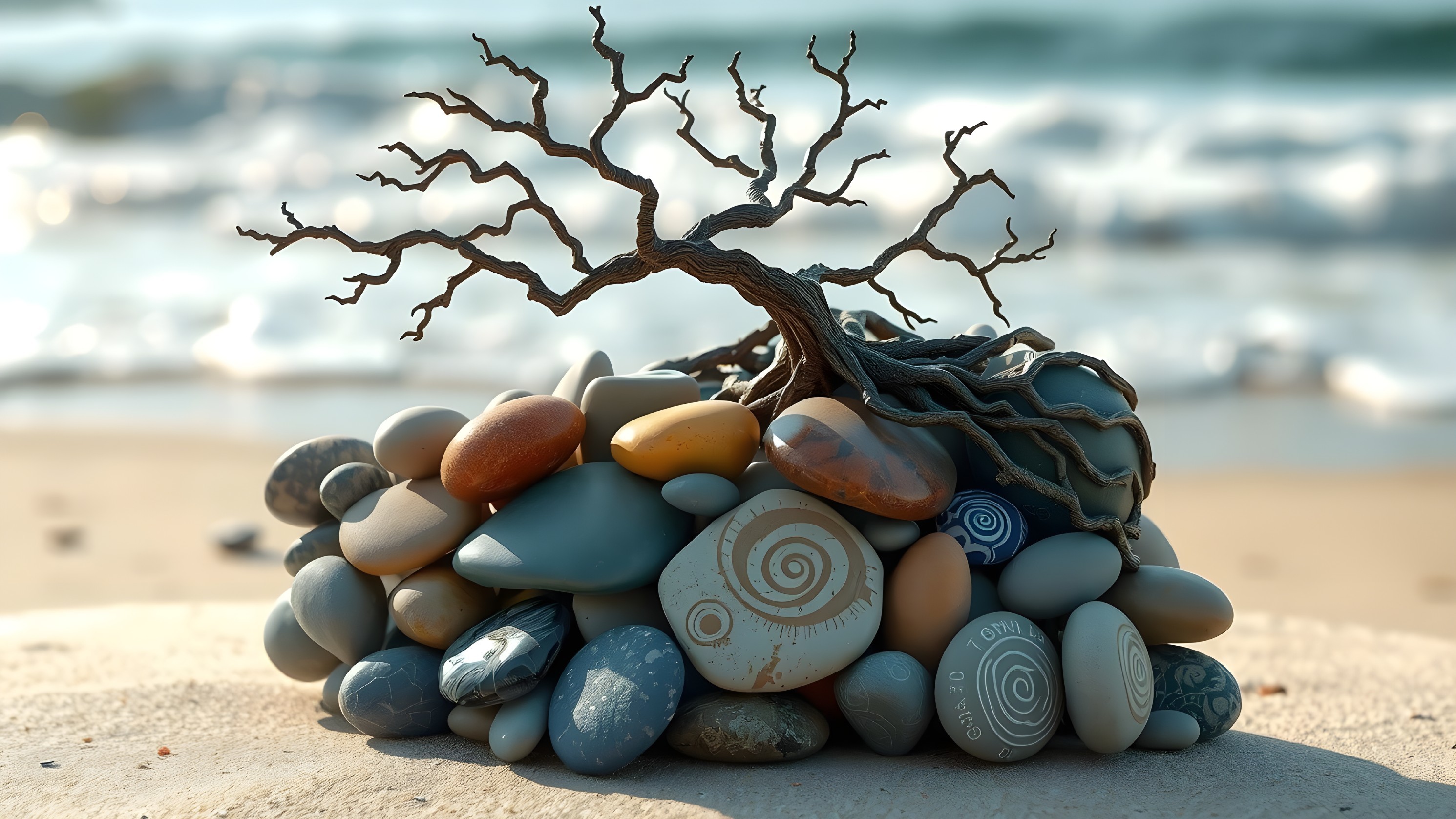 Coastal Scene with Colorful Pebbles and Tree Branch