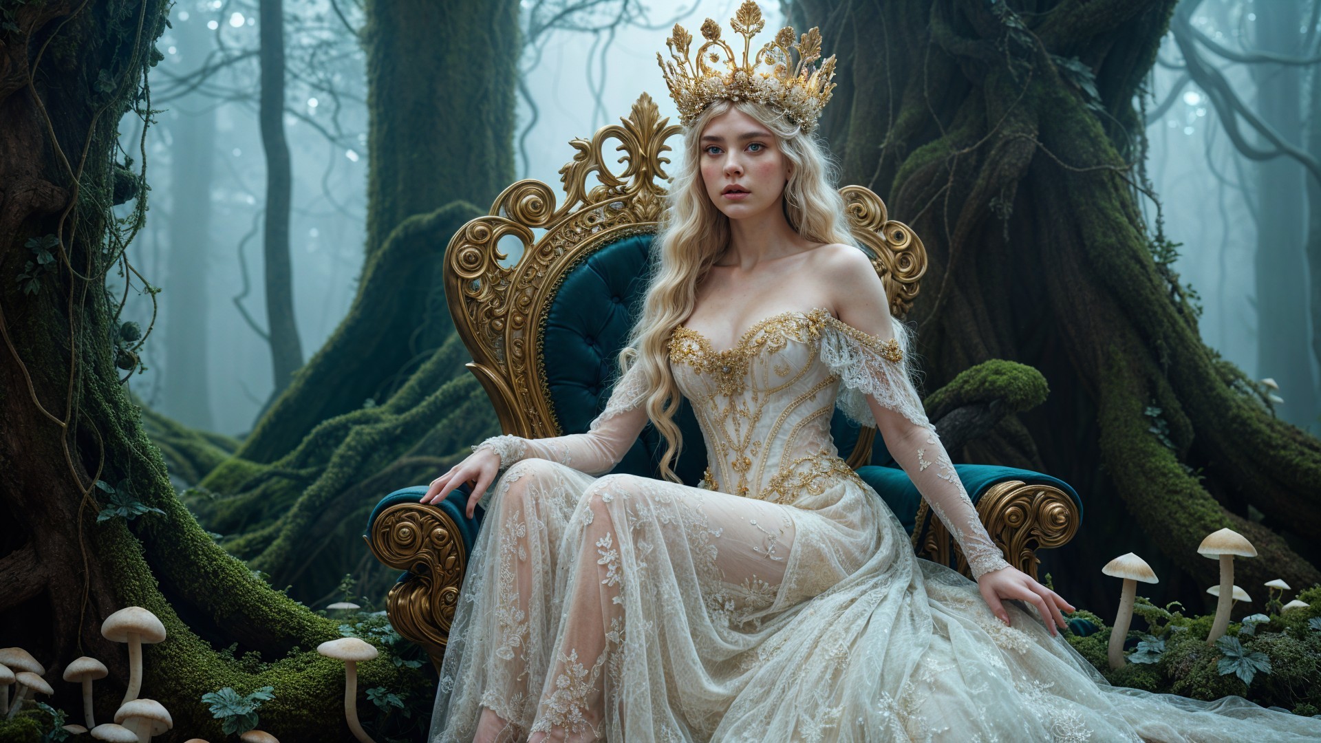 Regal queen on ornate throne in mystical forest setting