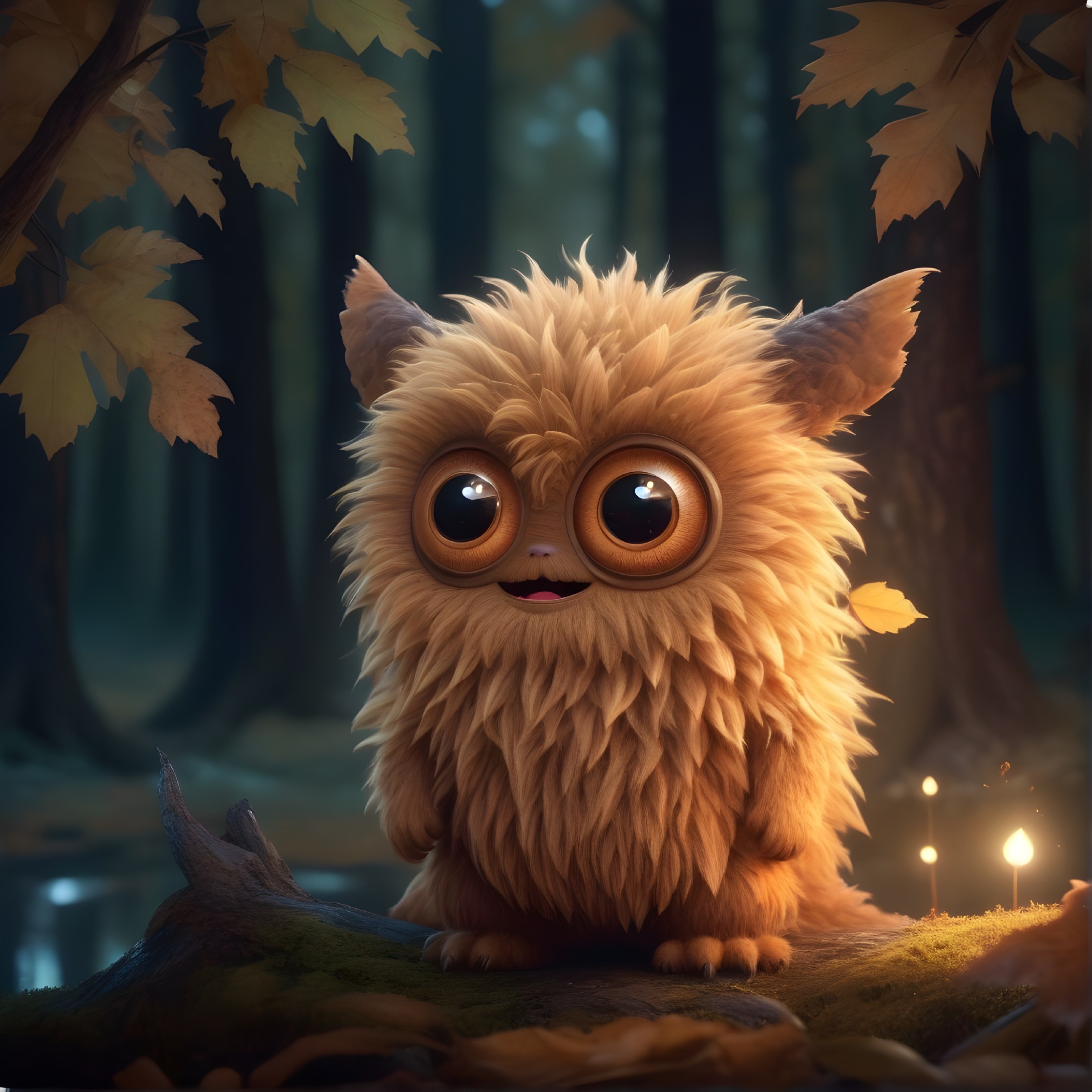Fluffy Cartoon Creature in Mystical Forest Setting