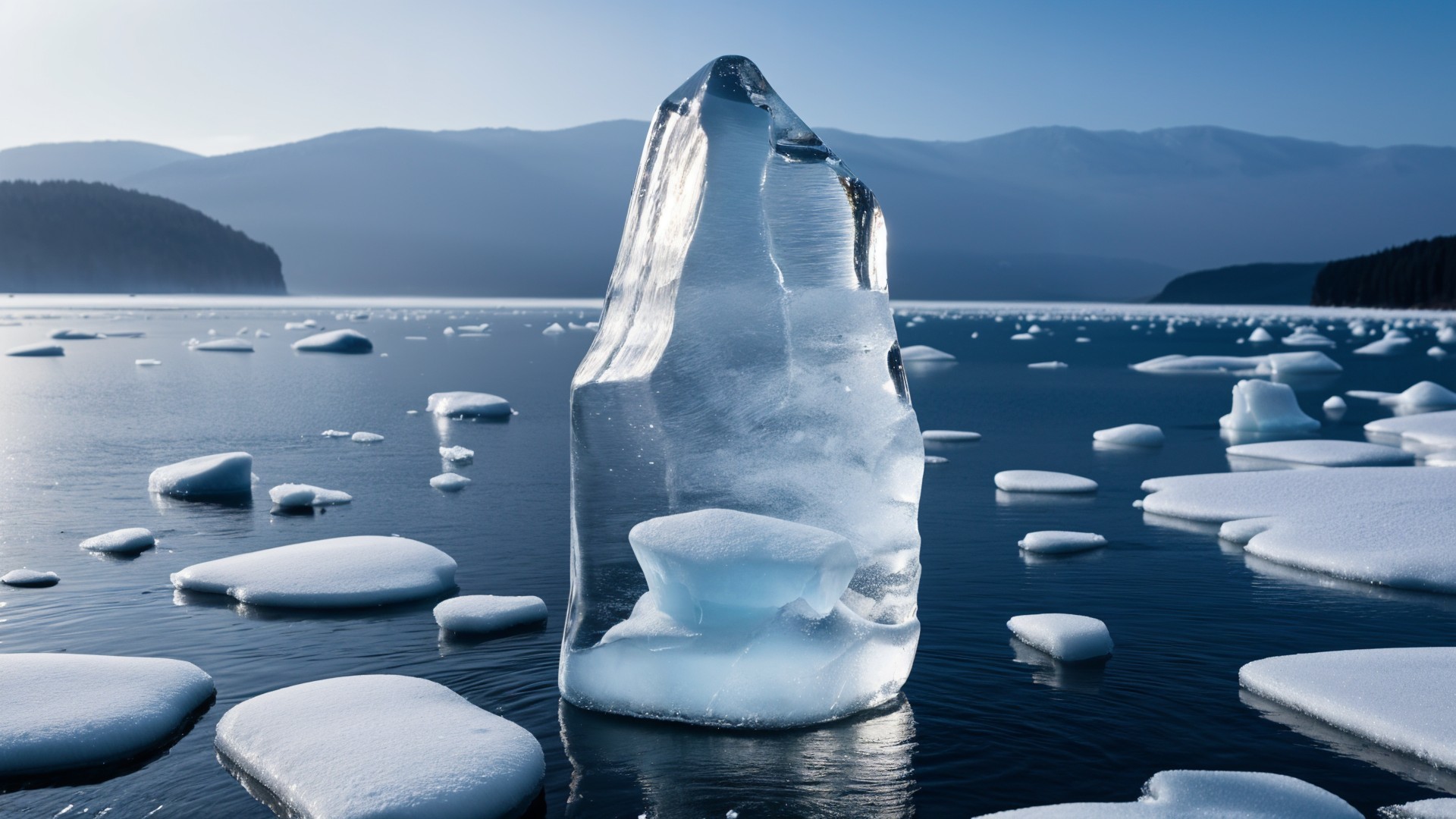Icy Landscape with Towering Ice Formation and Water