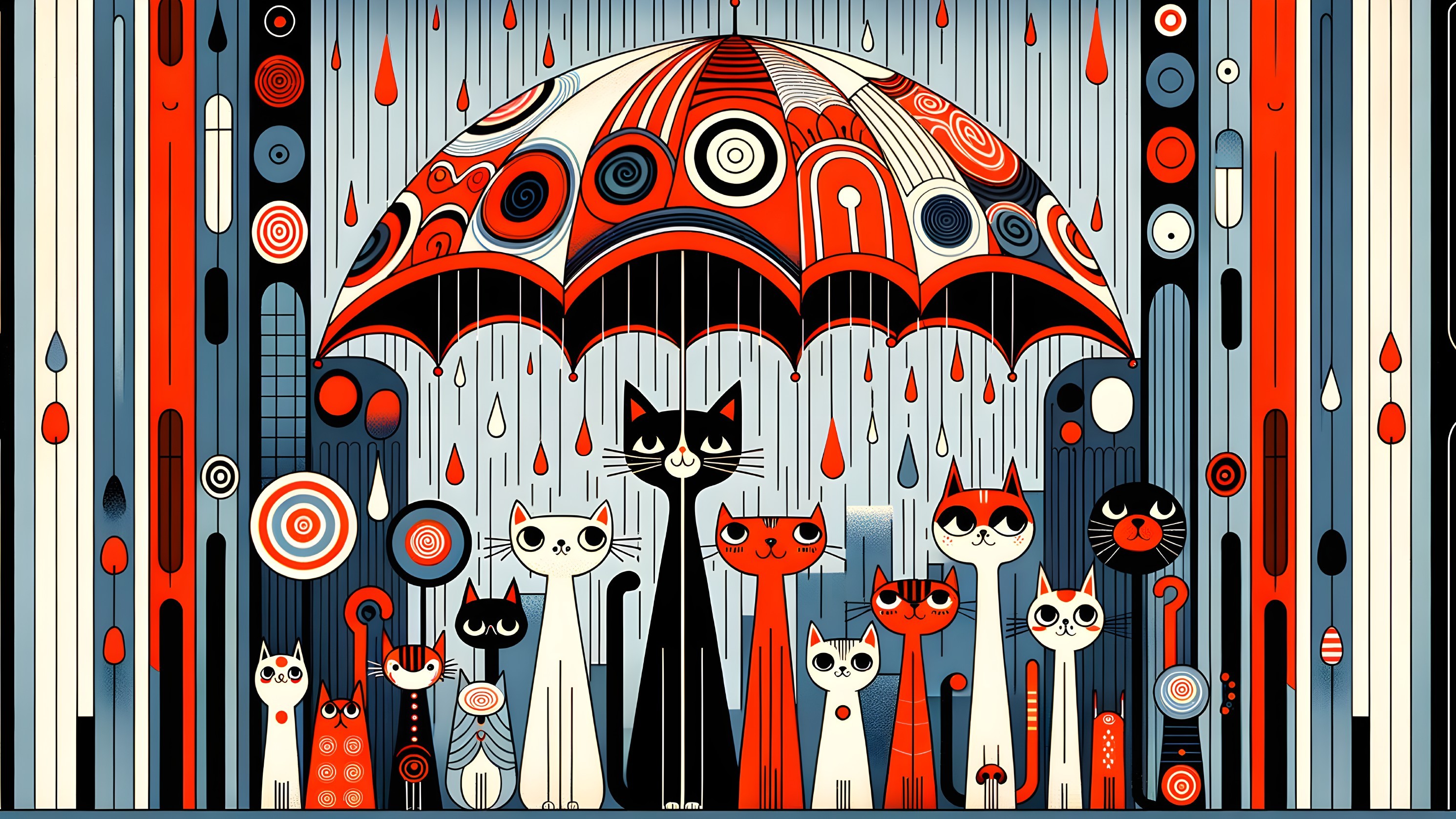 Colorful Illustration of Cats Under Umbrella in Rain