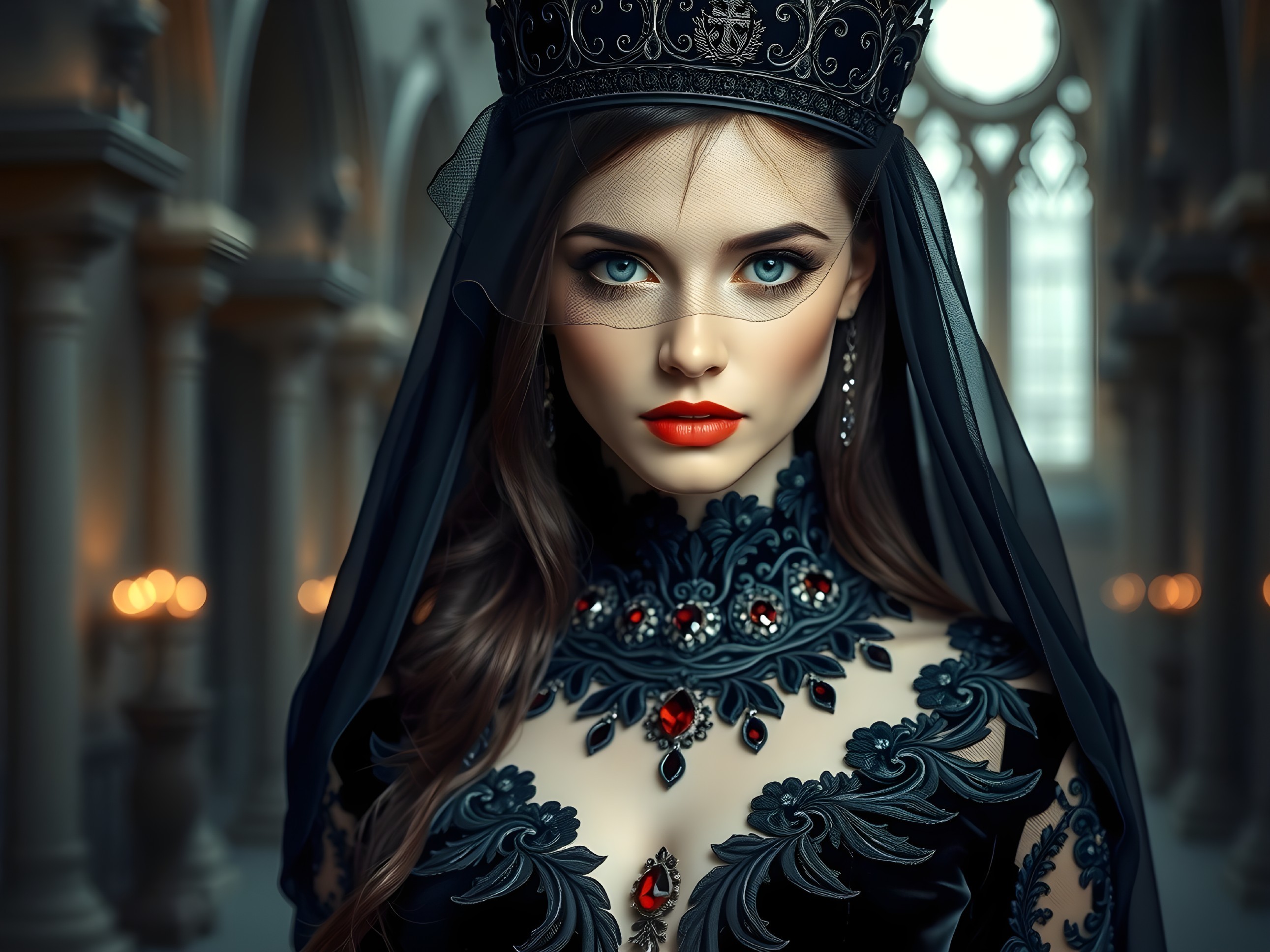 Gothic Elegance of a Woman in Black Gown and Veil
