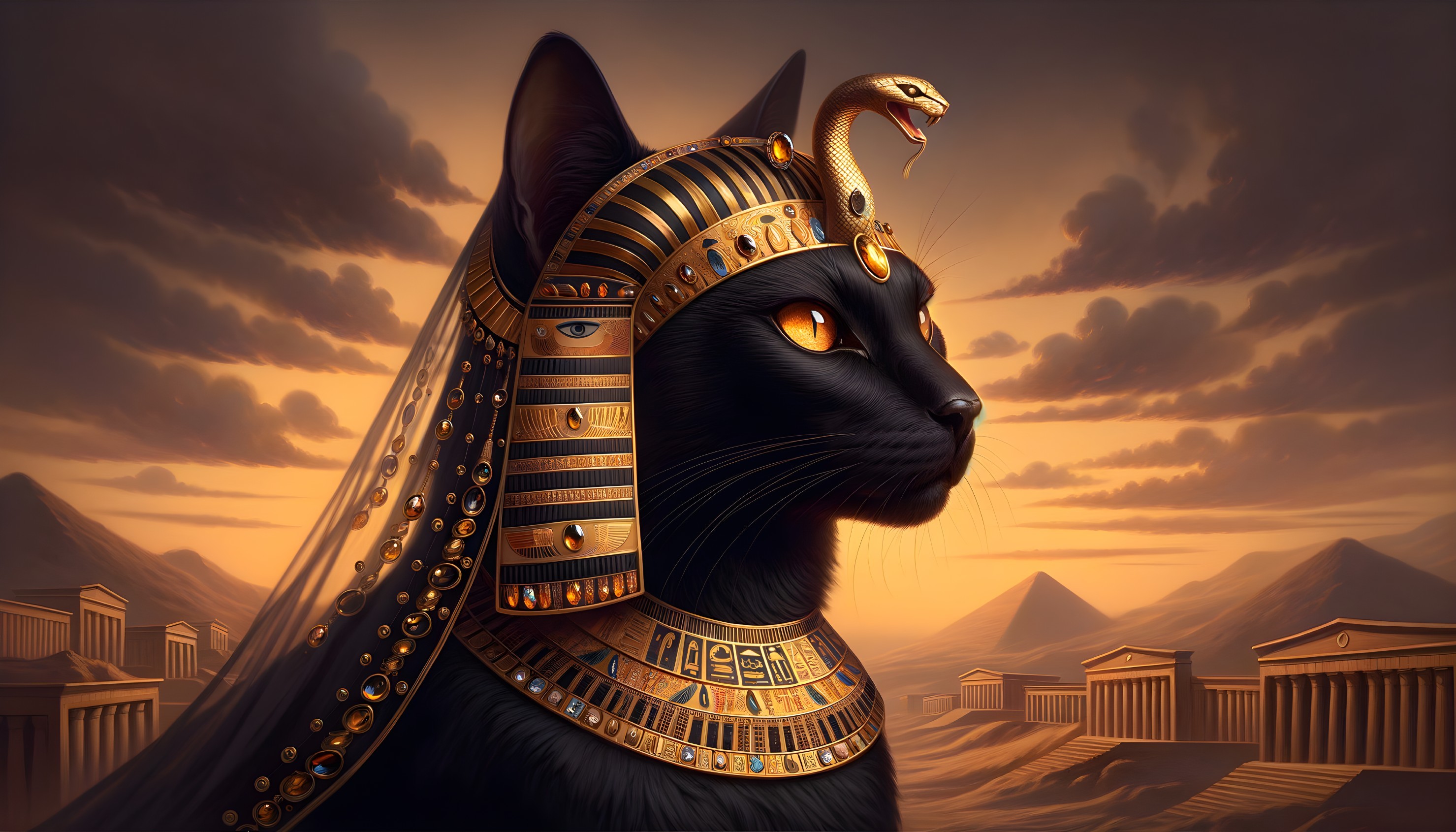 Black Cat in Egyptian Jewelry with Pyramids Background