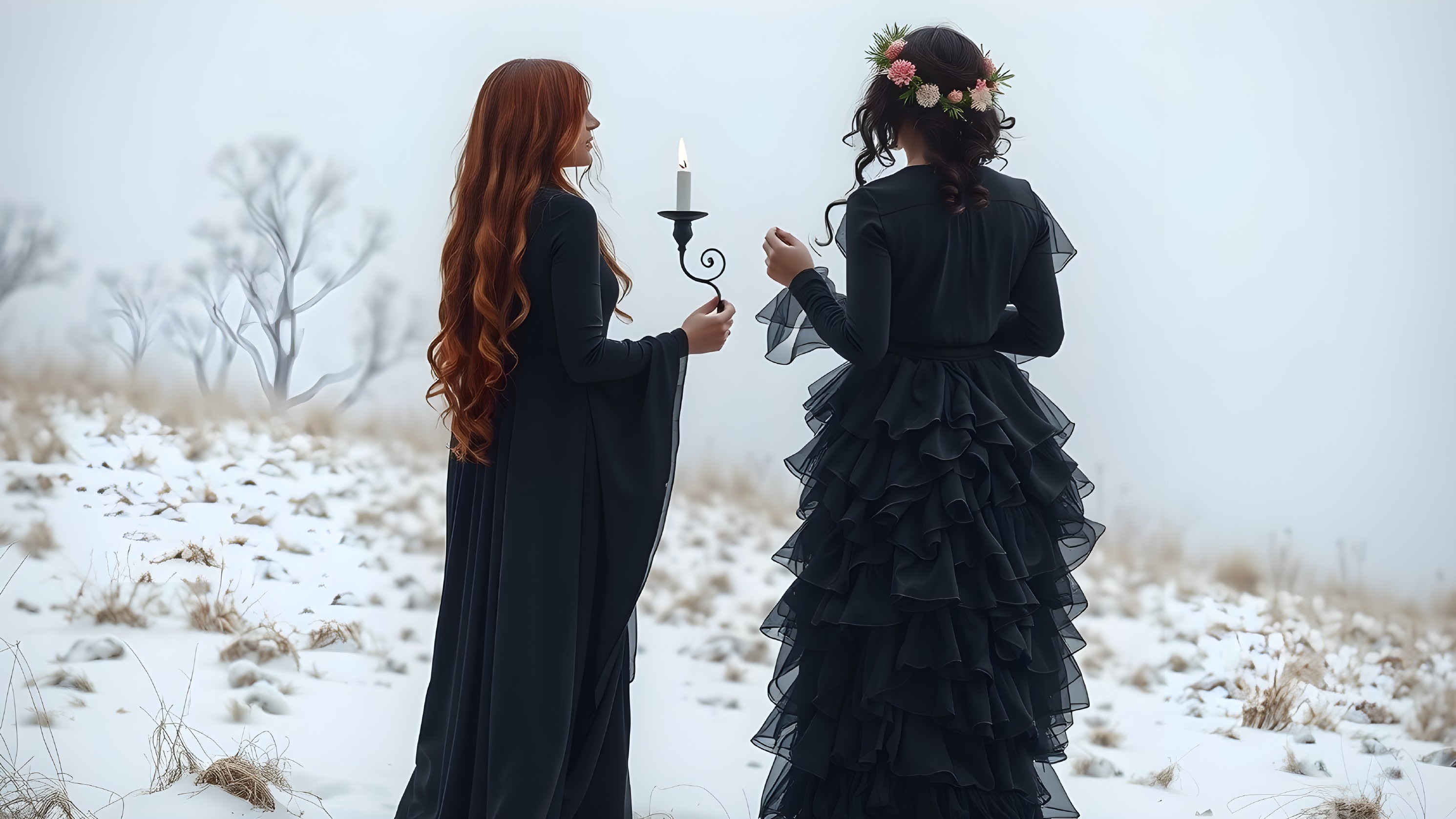 Women in Black Gowns in a Foggy Snowy Landscape