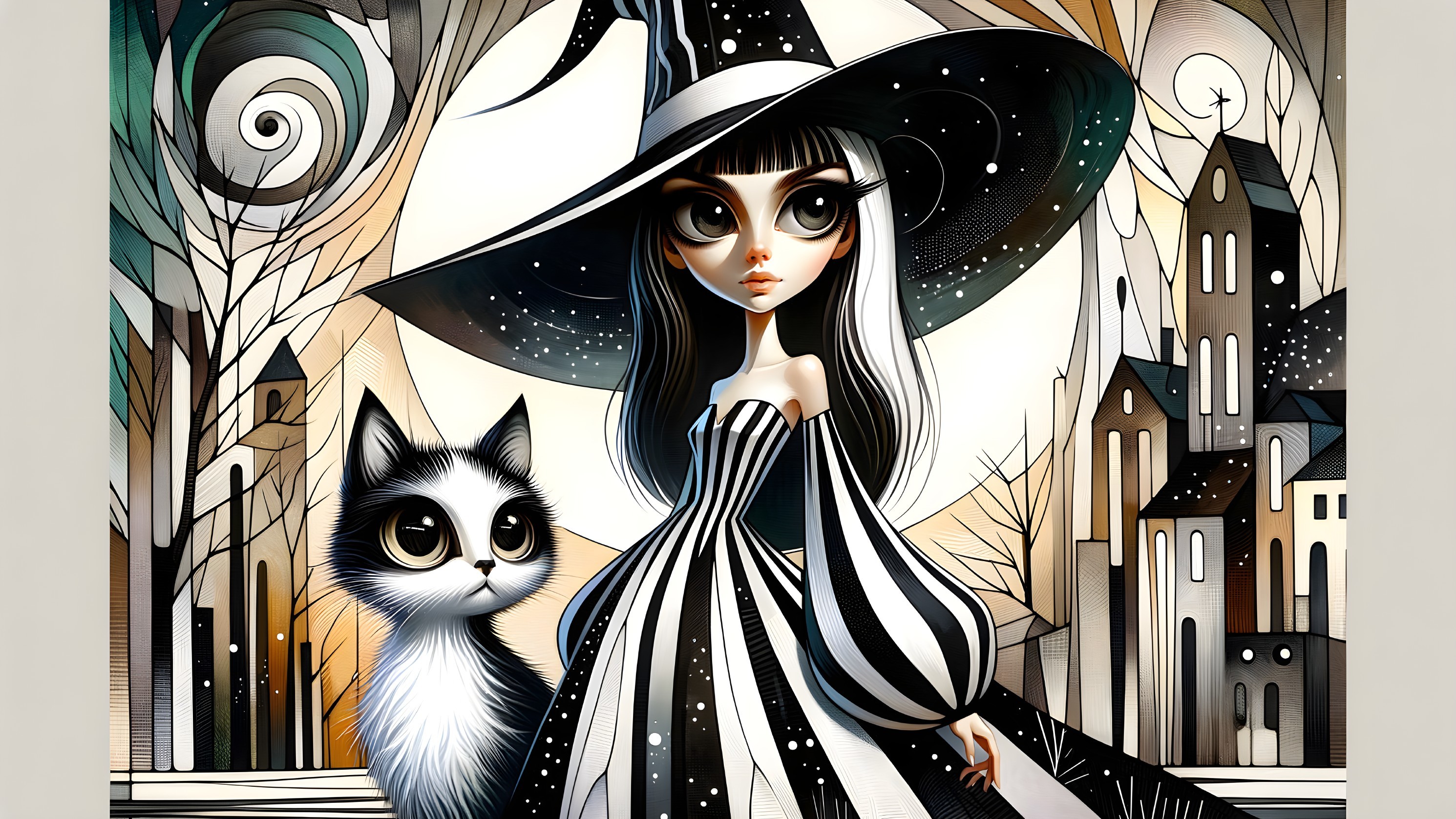 Whimsical Witch Illustration with Cat and Village Background