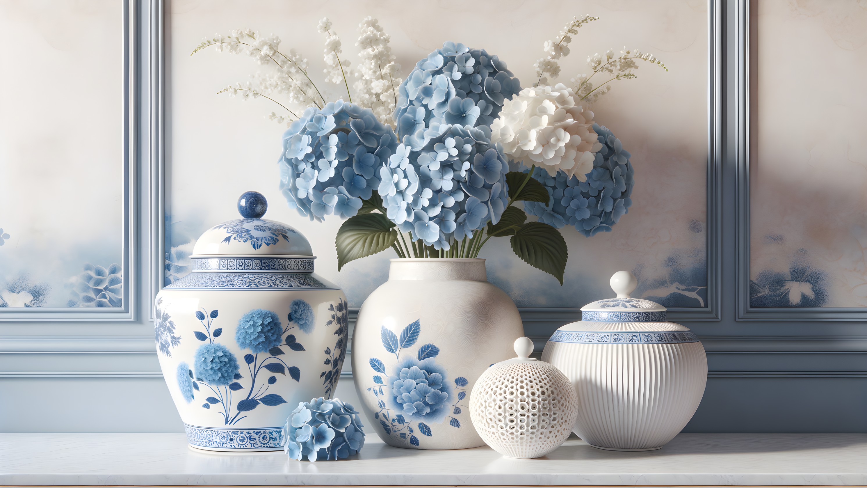 Elegant Blue and White Porcelain Vases with Hydrangeas