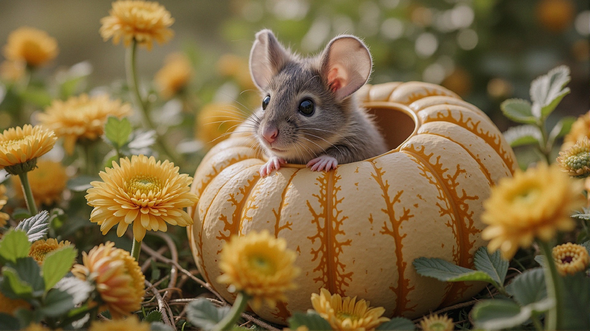 Mouse in a Pumpkin Surrounded by Yellow Flowers