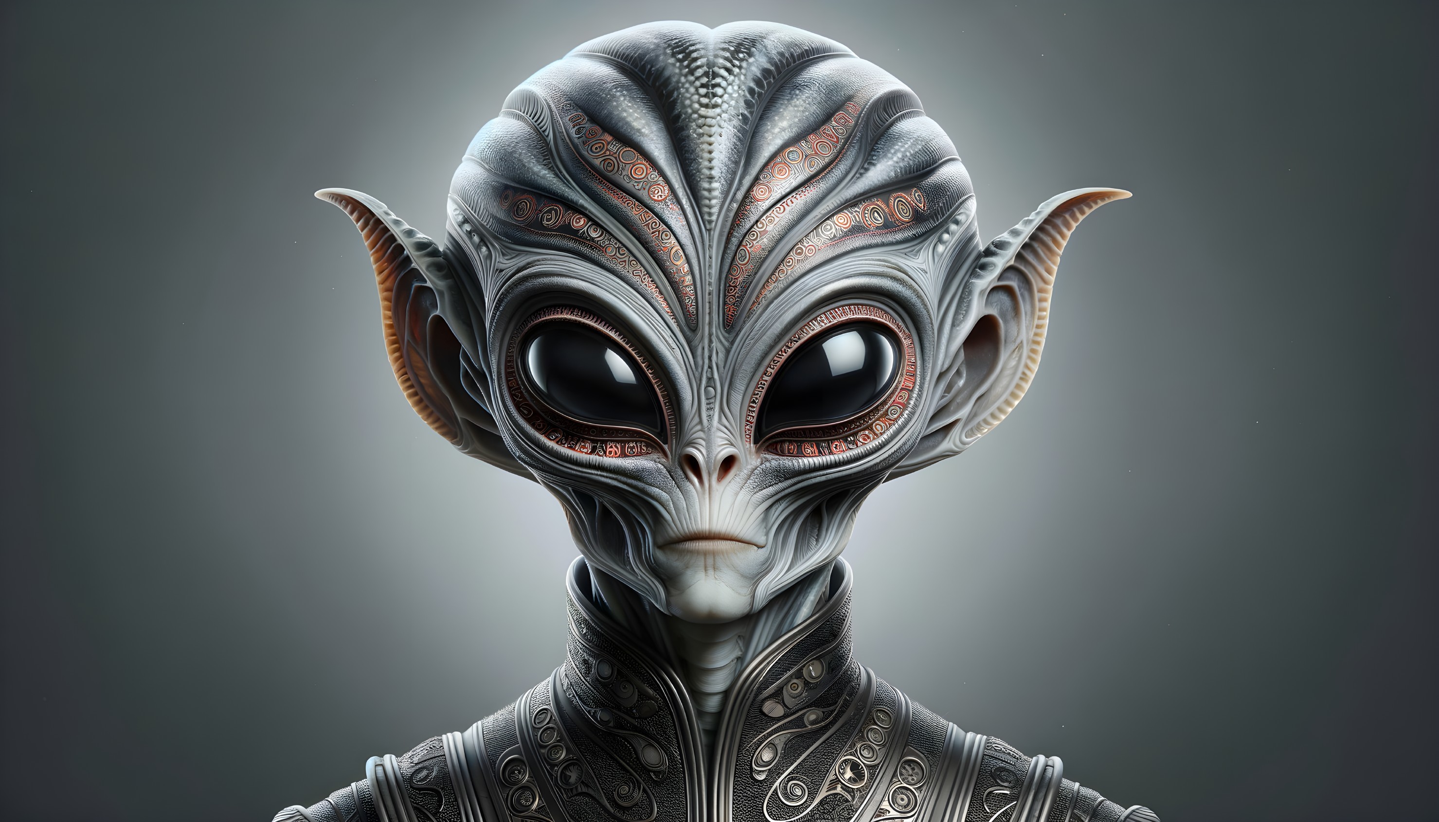 Futuristic Alien Figure with Metallic Skin and Garment