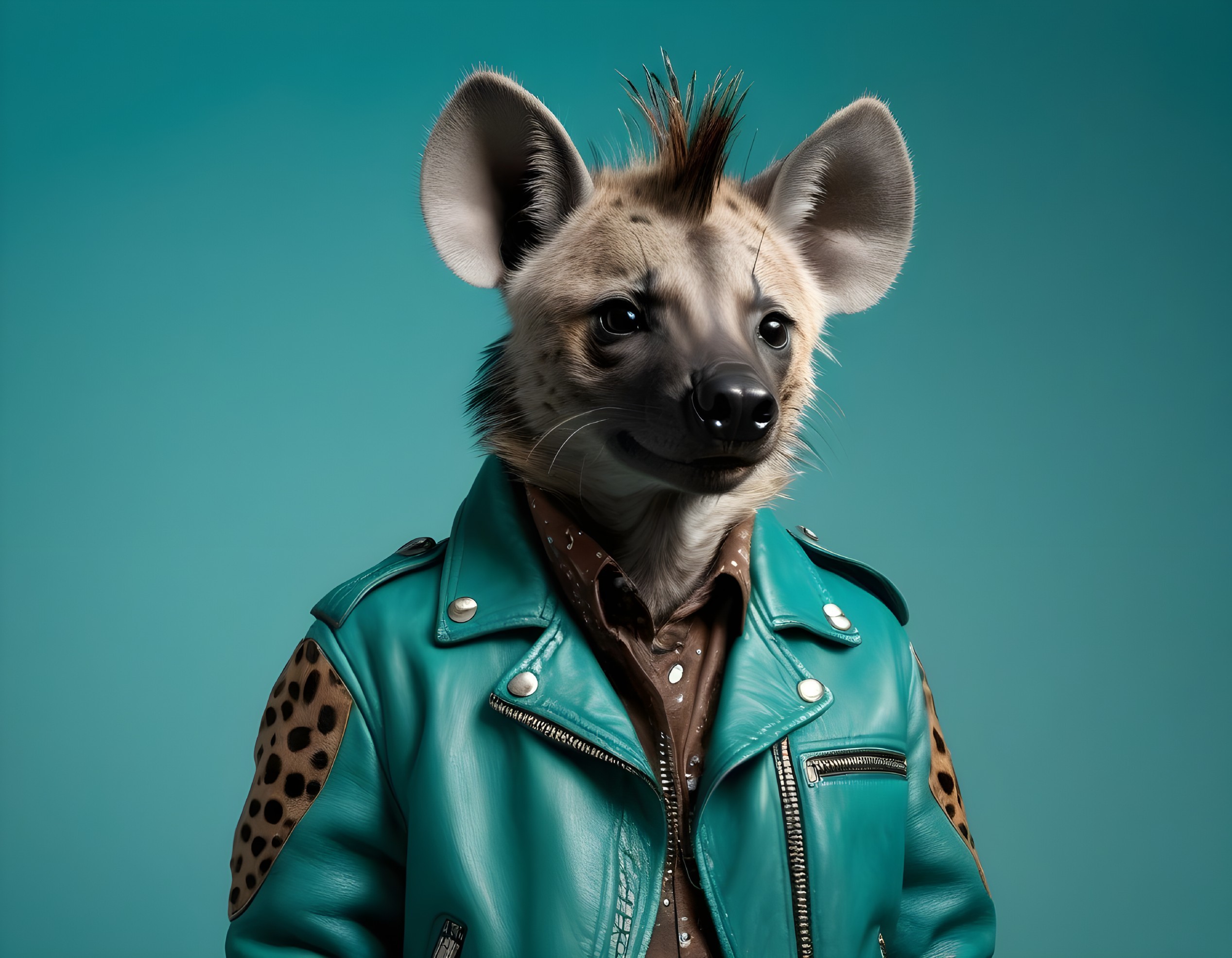 Stylized Hyena in Teal Jacket Against Turquoise Background