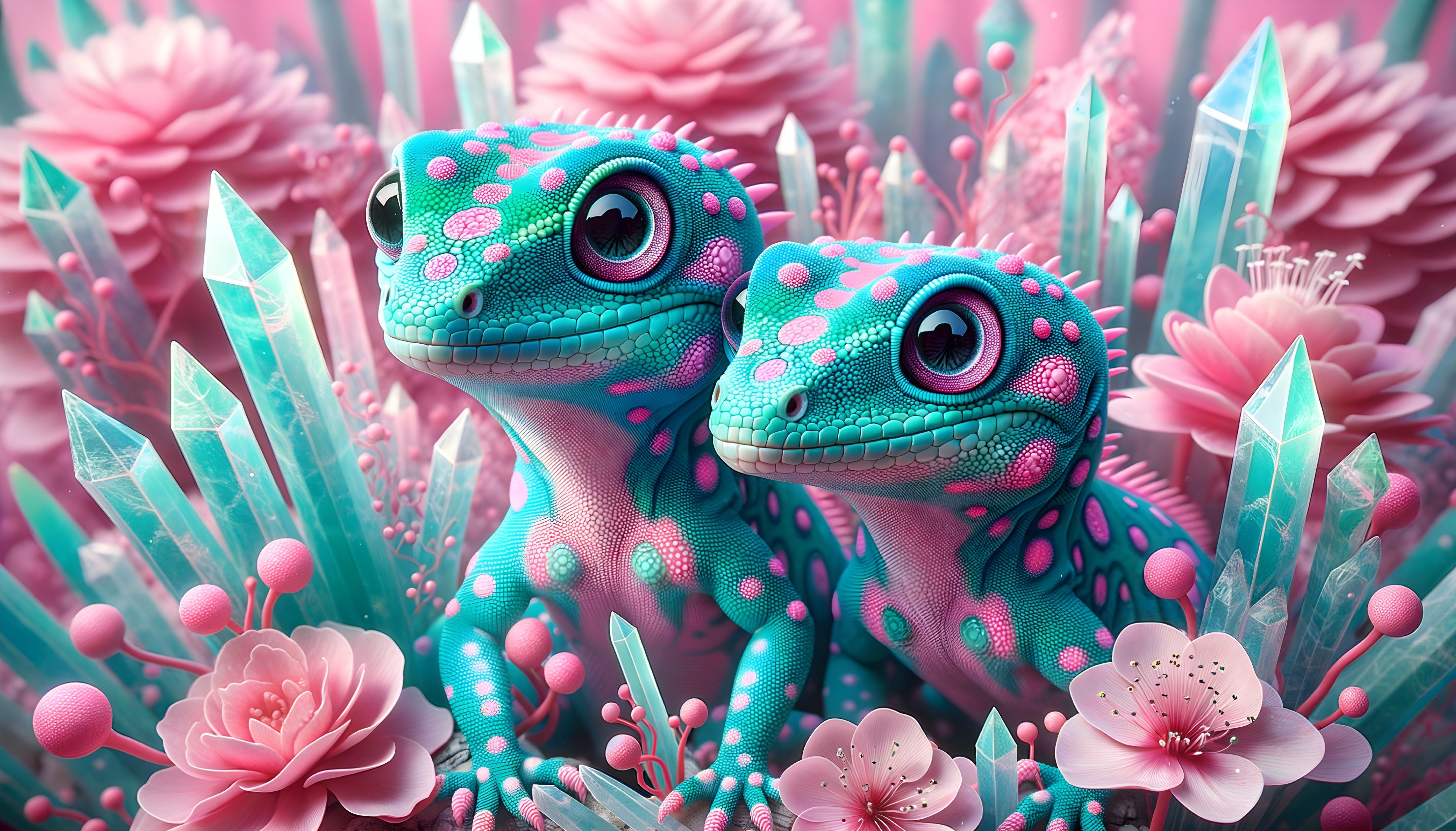 Vibrant Lizards in a Whimsical Crystal Landscape