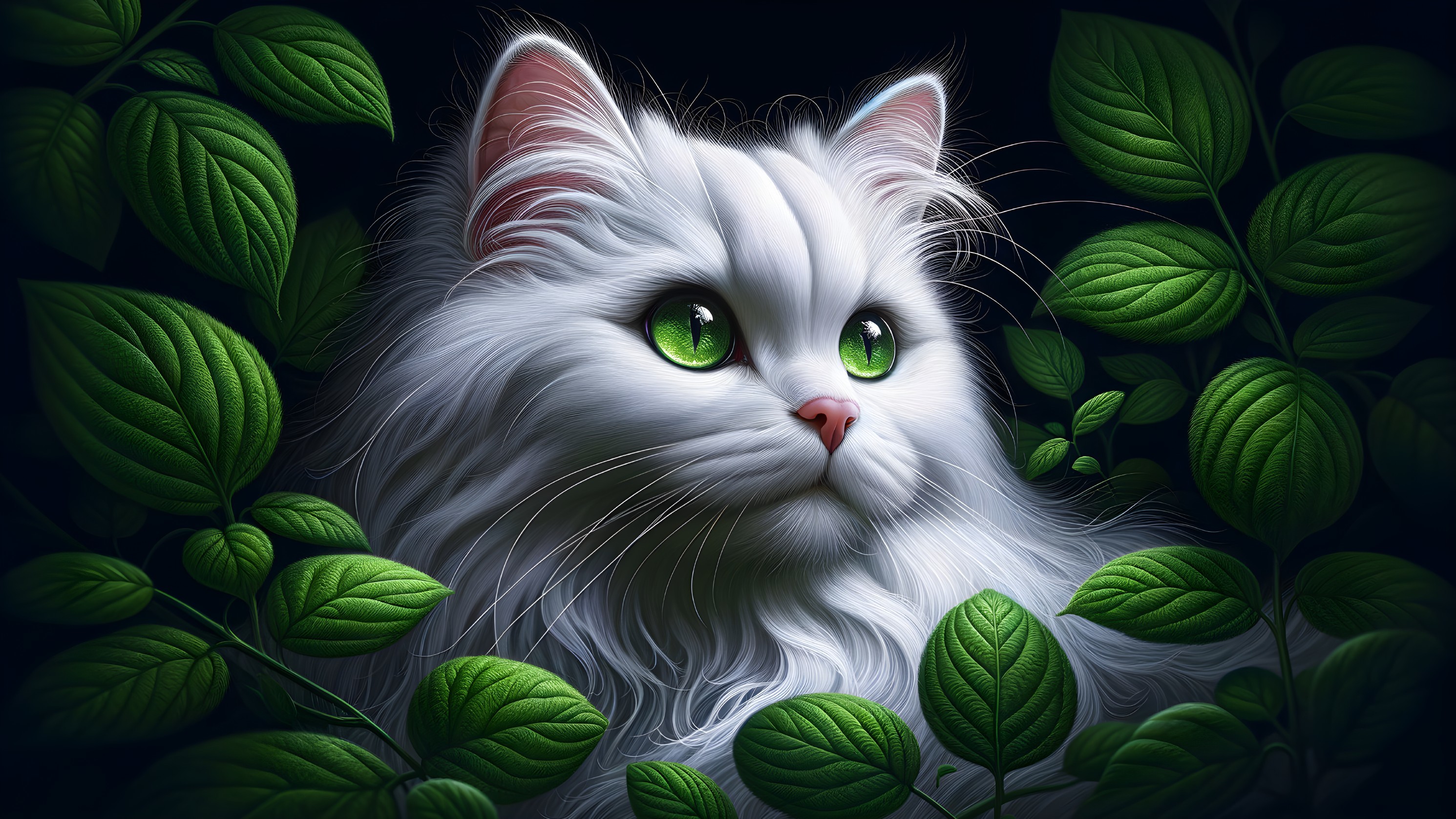 Fluffy White Cat with Green Eyes Among Green Leaves