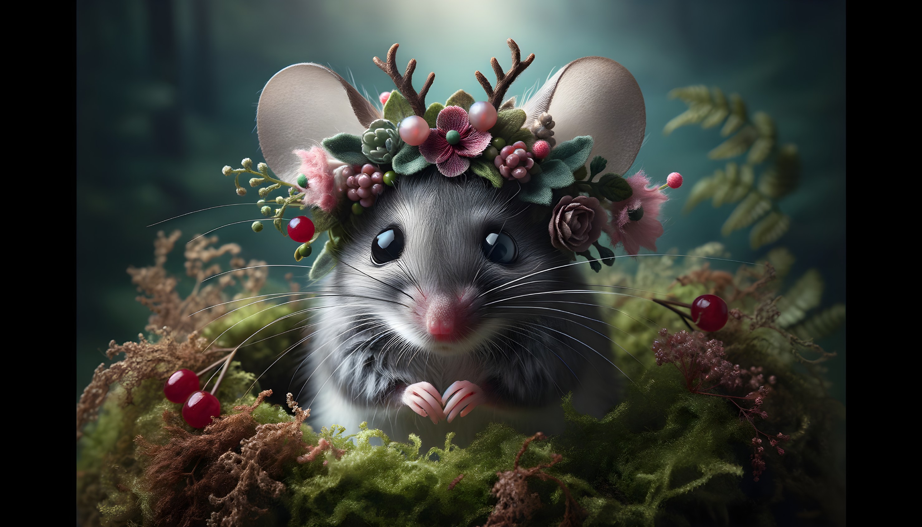 Whimsical Mouse-Like Creature in Lush Woodland Setting