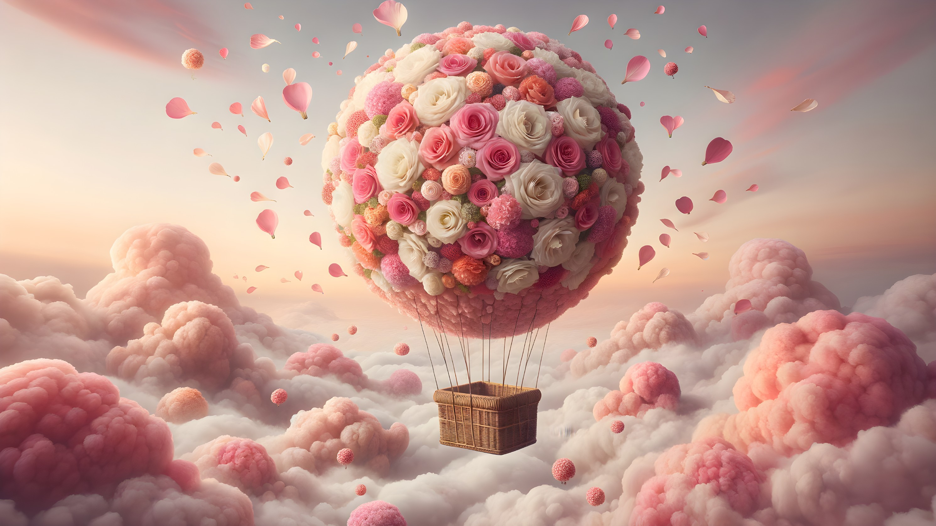 Whimsical Hot Air Balloon Surrounded by Roses and Clouds