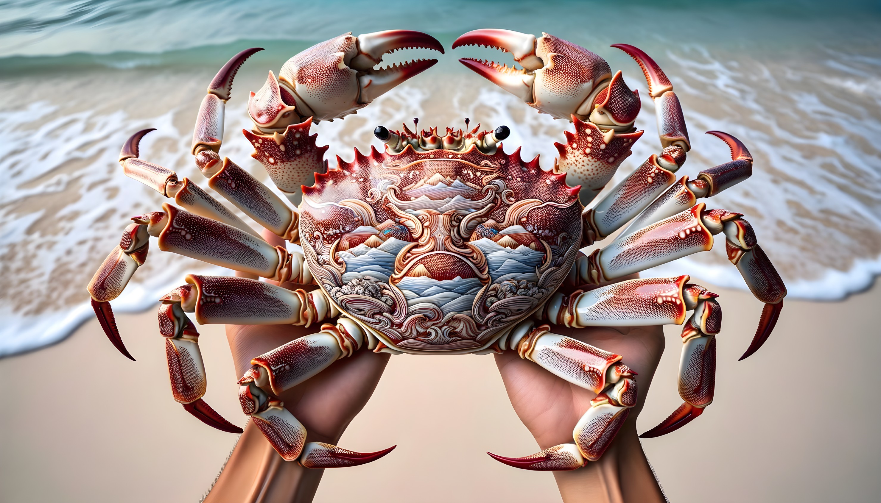 Intricately Designed Crab Against Serene Beach Scene