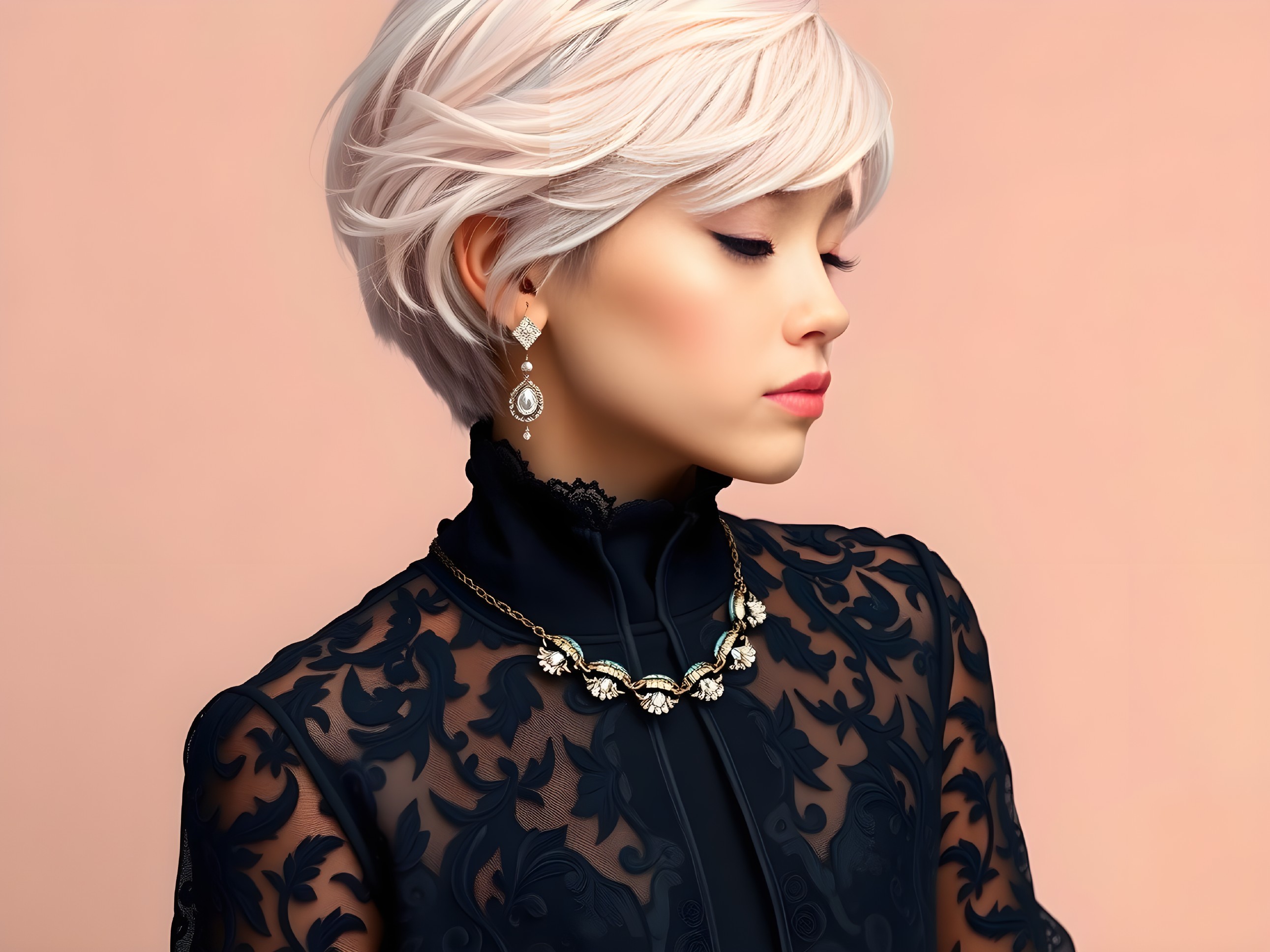 Young woman in elegant black lace blouse and accessories