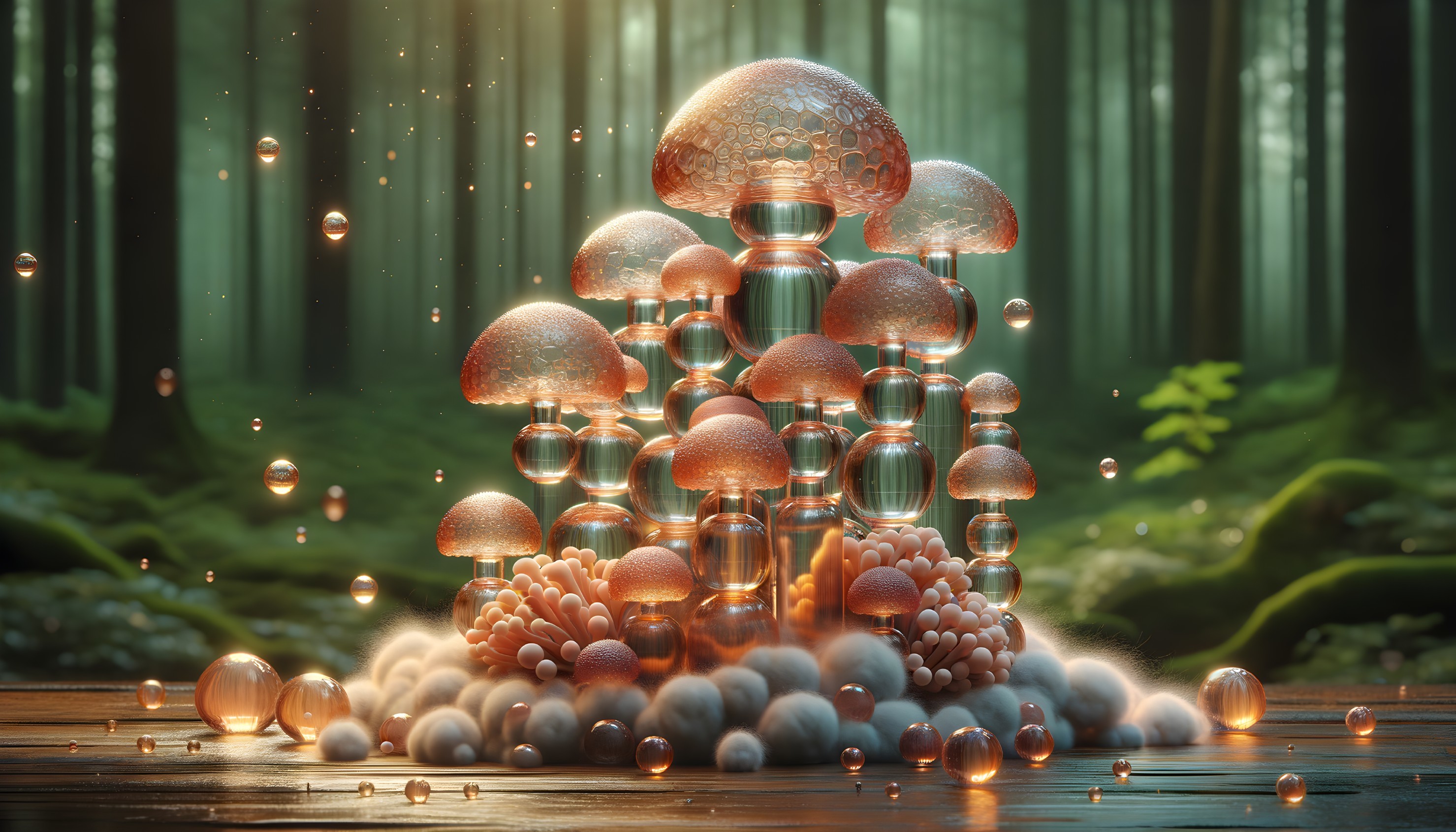 Translucent Glowing Mushrooms in a Foggy Forest