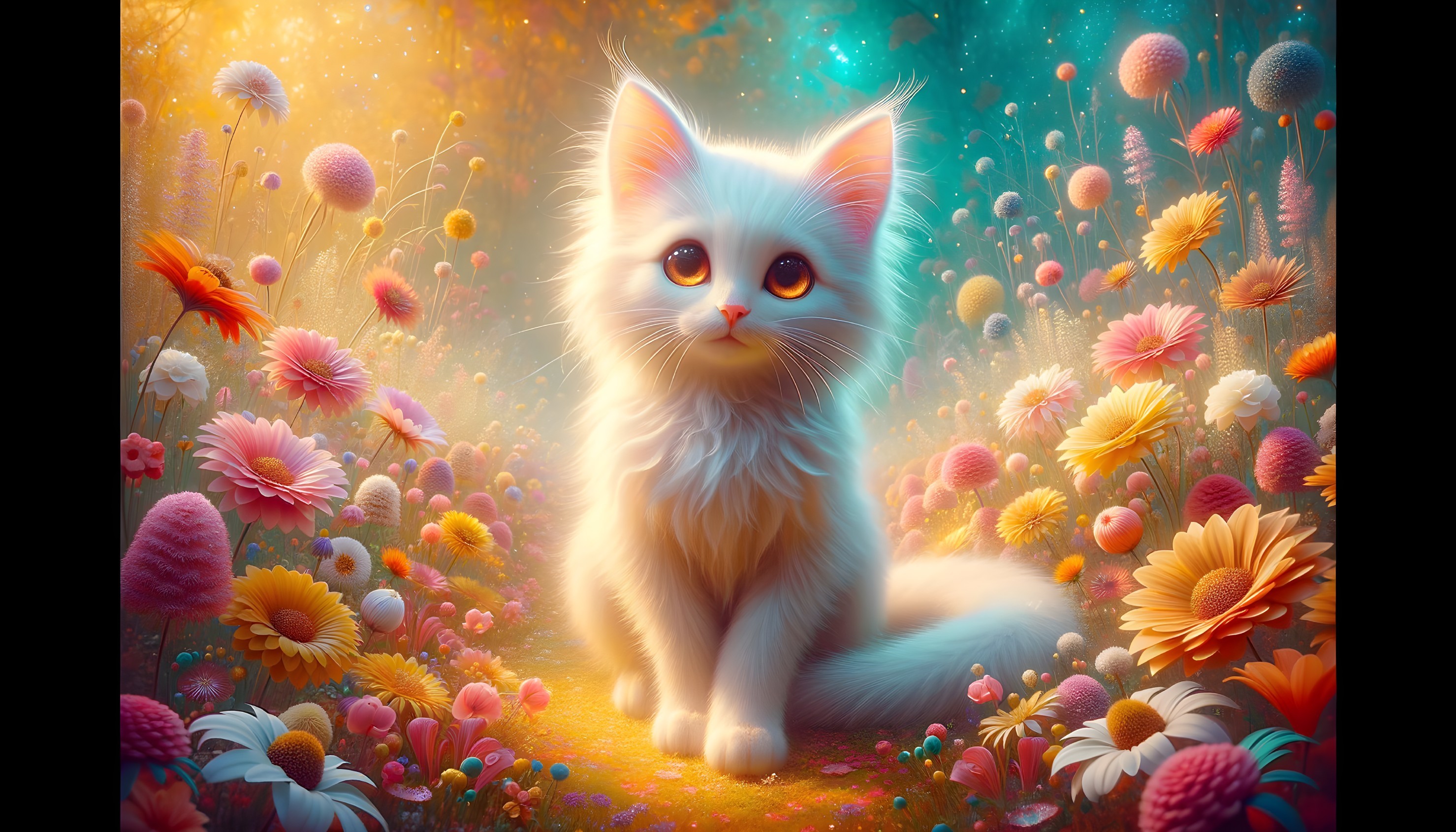 Fluffy White Kitten in Enchanted Garden Setting