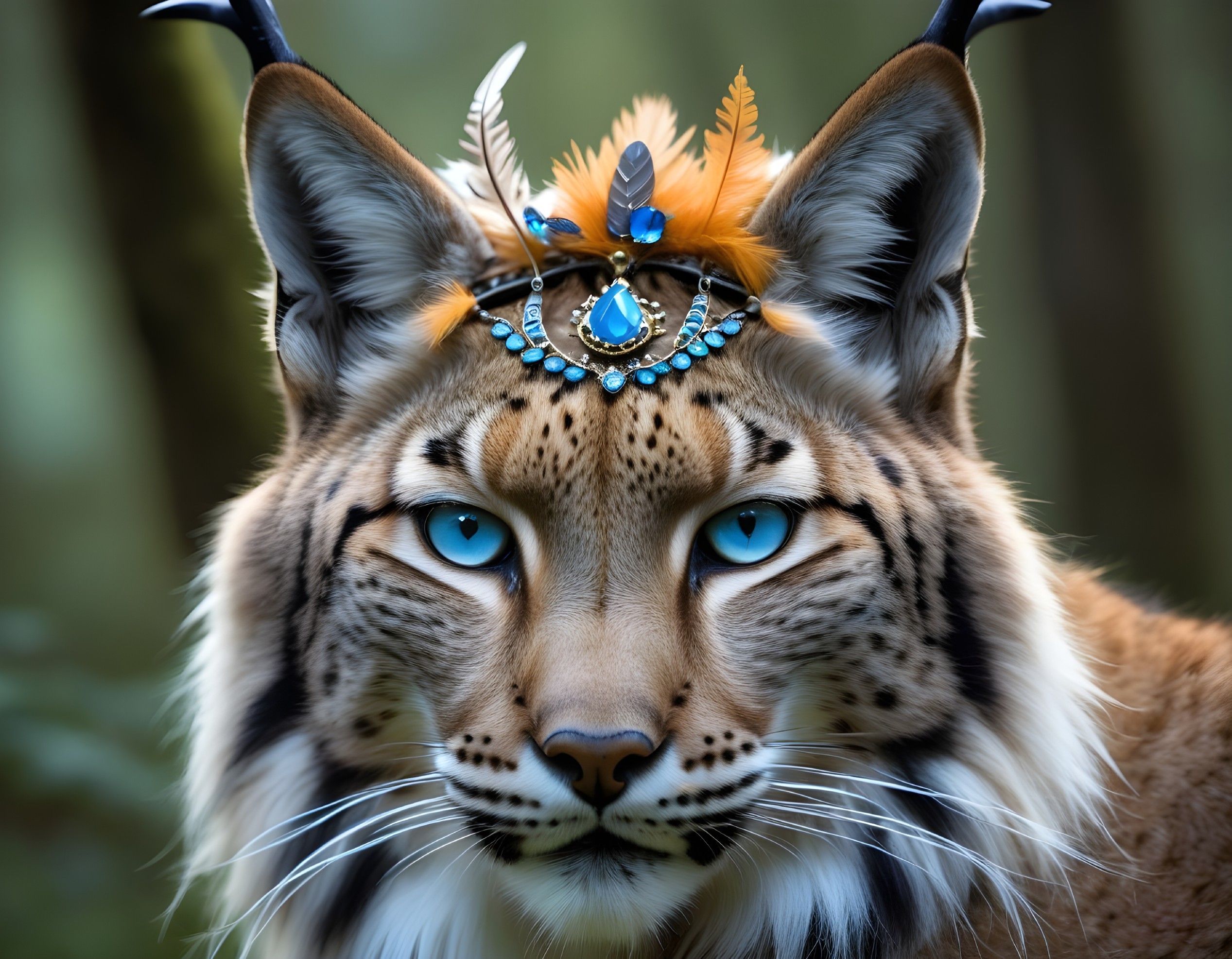 Lynx with Blue Eyes and Ornate Crown in Forest Setting