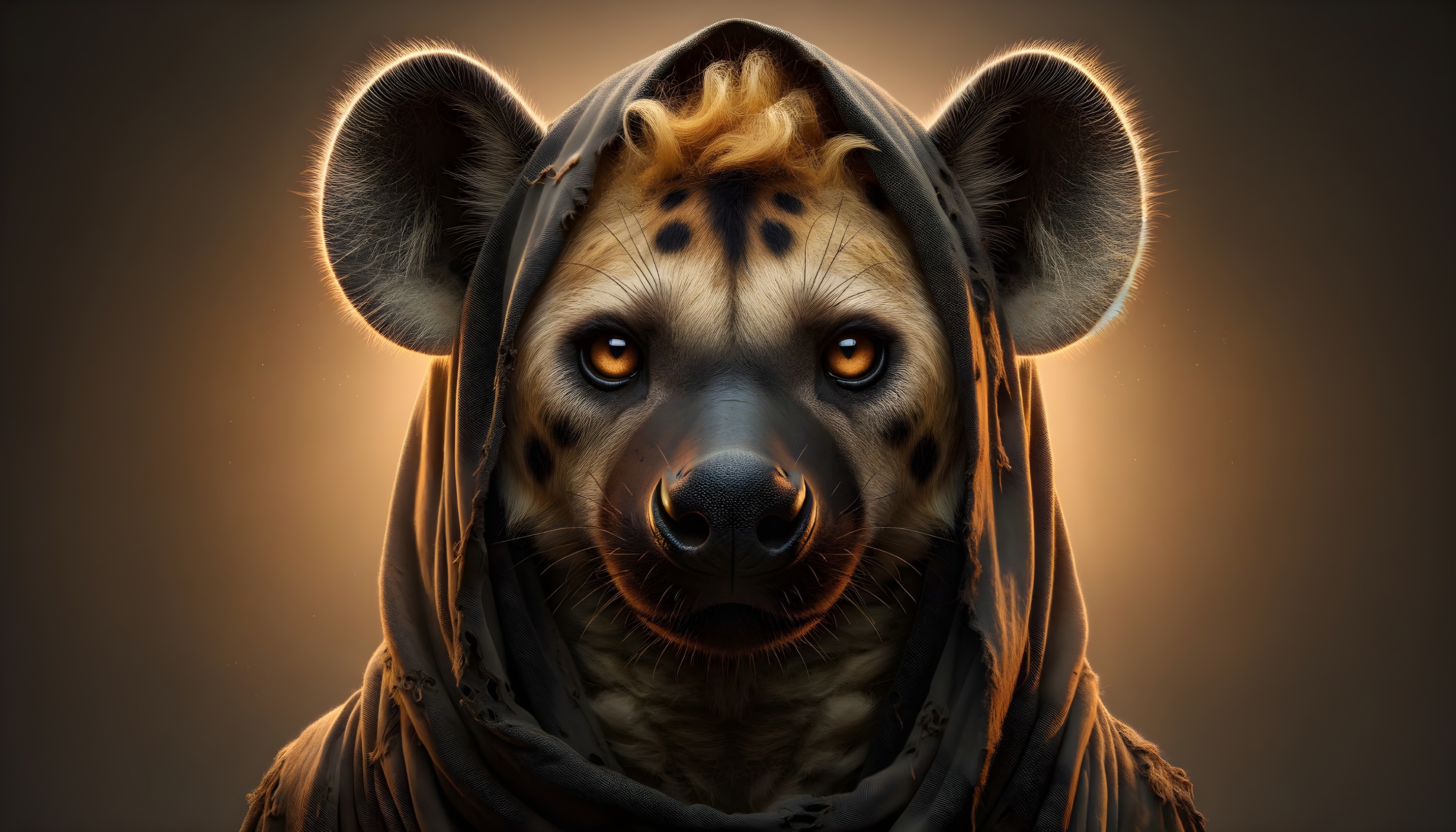 Anthropomorphic Hyena in Dark Hood with Glowing Eyes