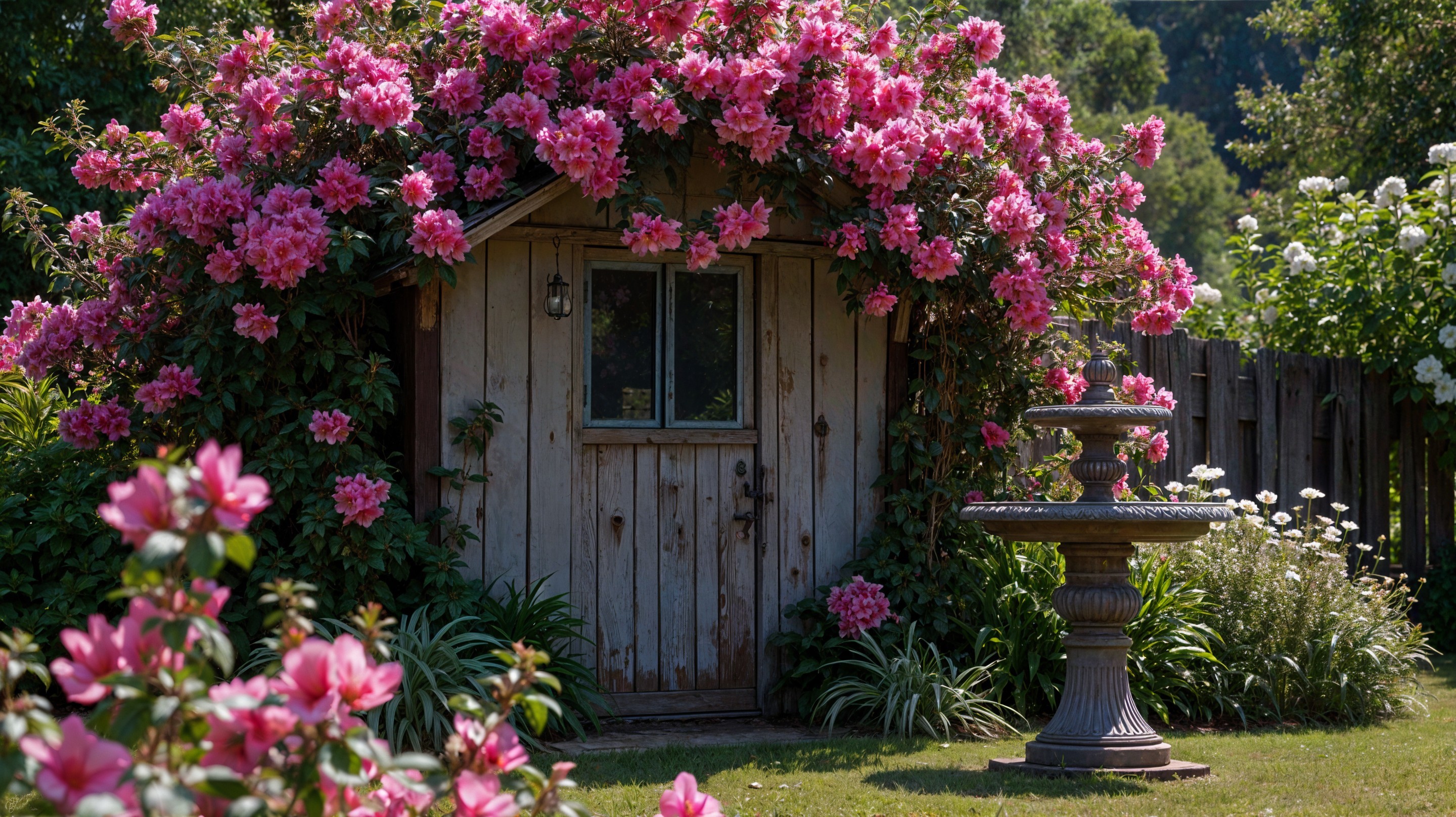 Wooden Shed with Pink Flowers and Stone Birdbath