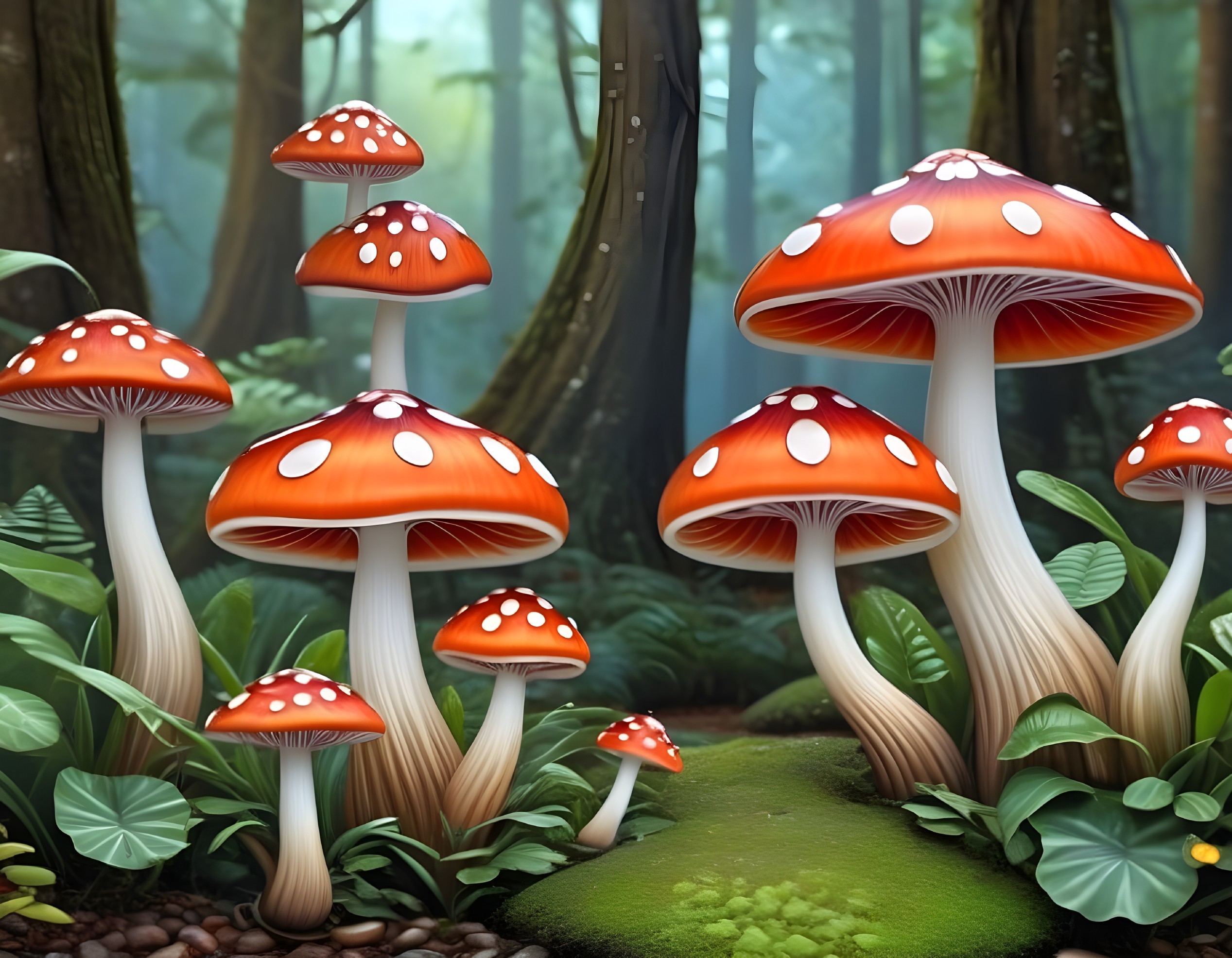 Vibrant forest scene with red mushrooms and greenery