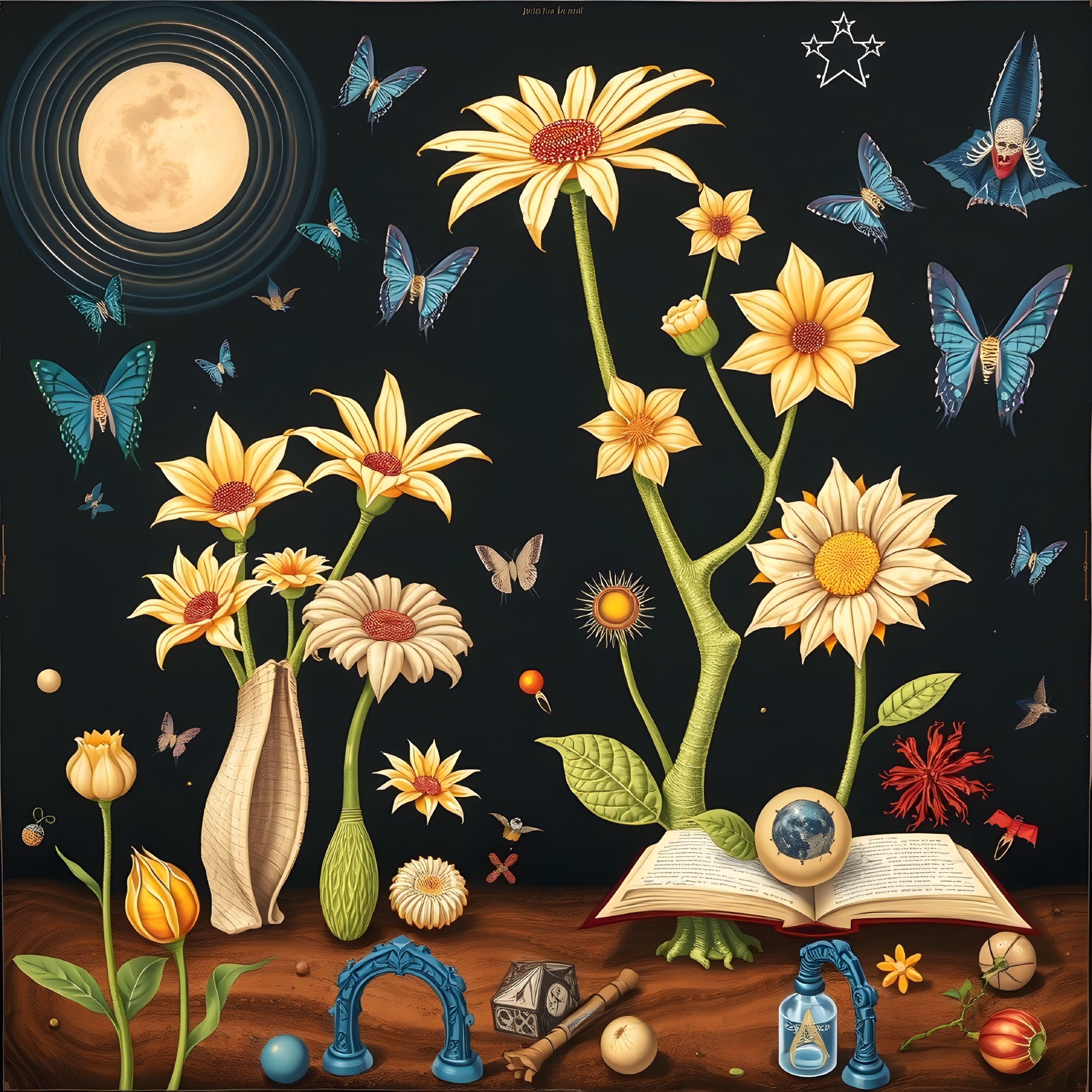 Whimsical Still Life with Flowers and Celestial Motifs