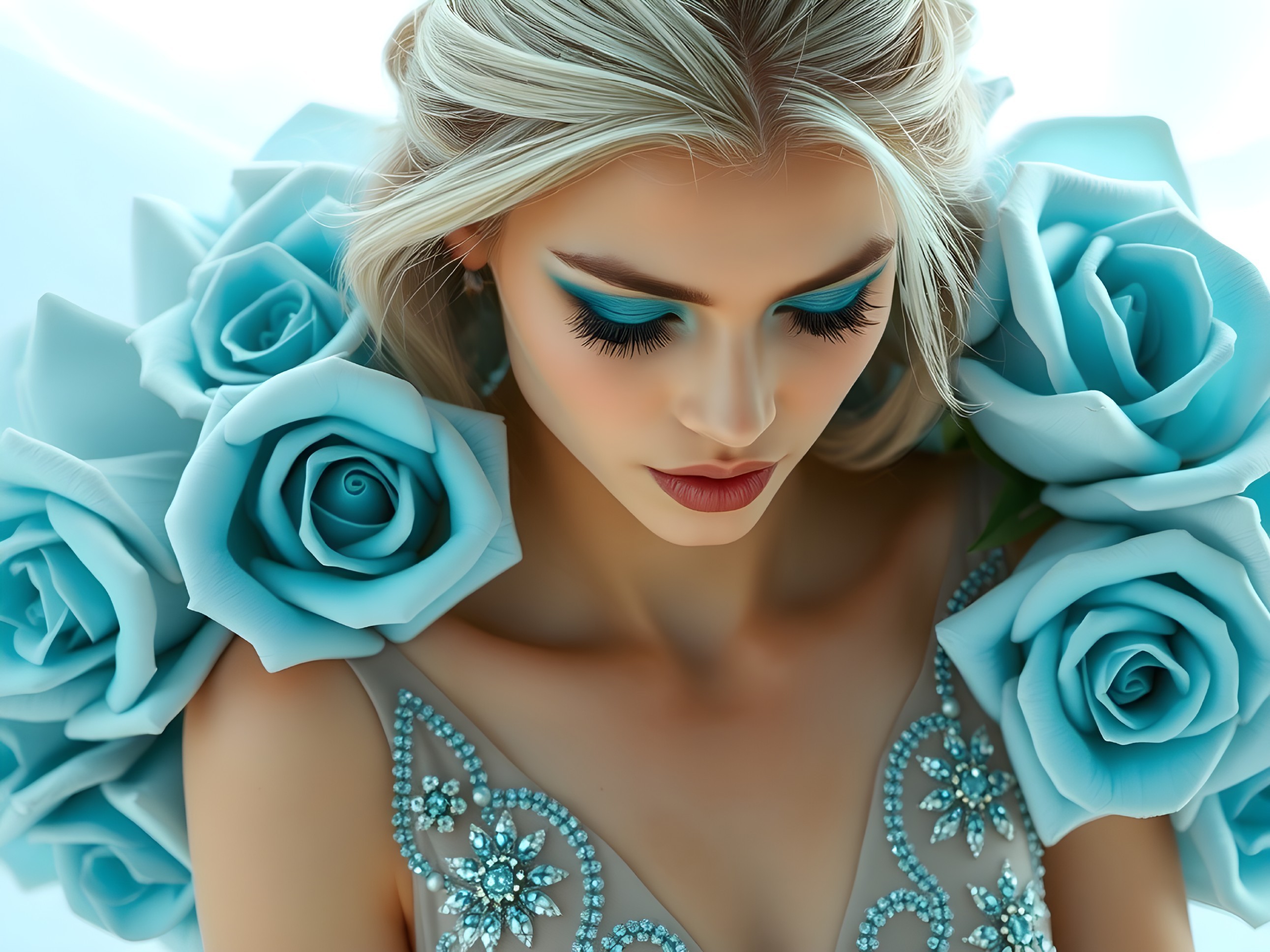 Serene Woman in Blue Roses and Beaded Gown