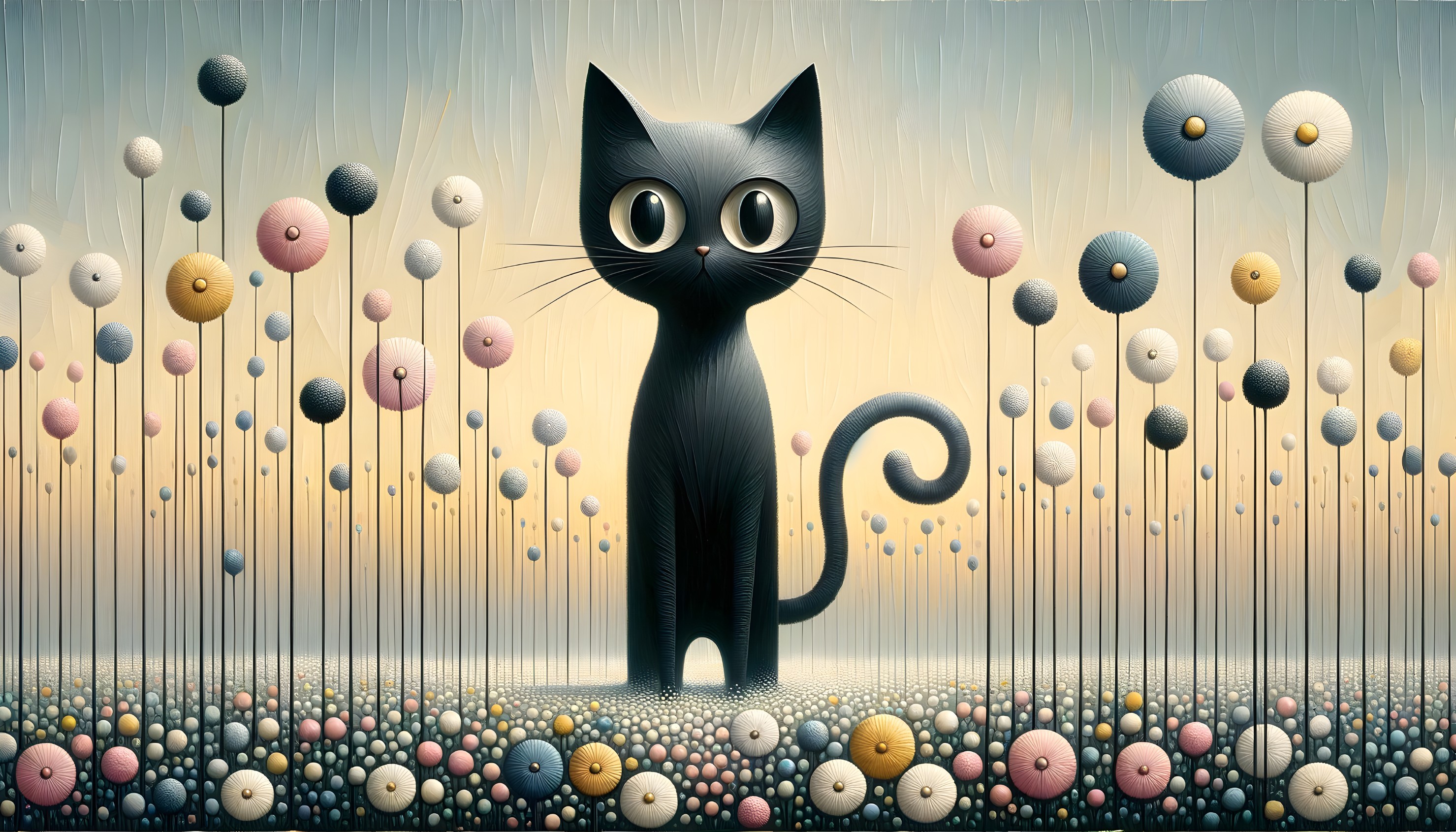 Whimsical Black Cat in Colorful Flower Field