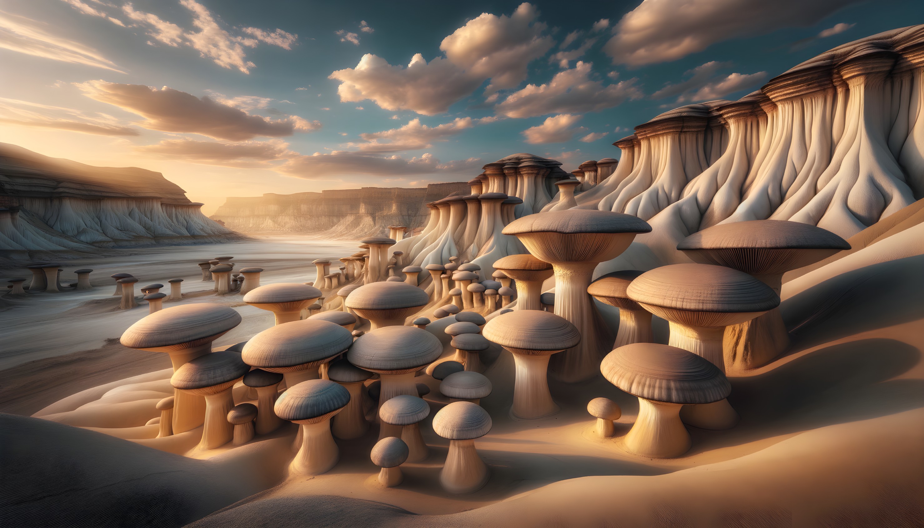 Surreal Landscape with Towering Mushroom Formations