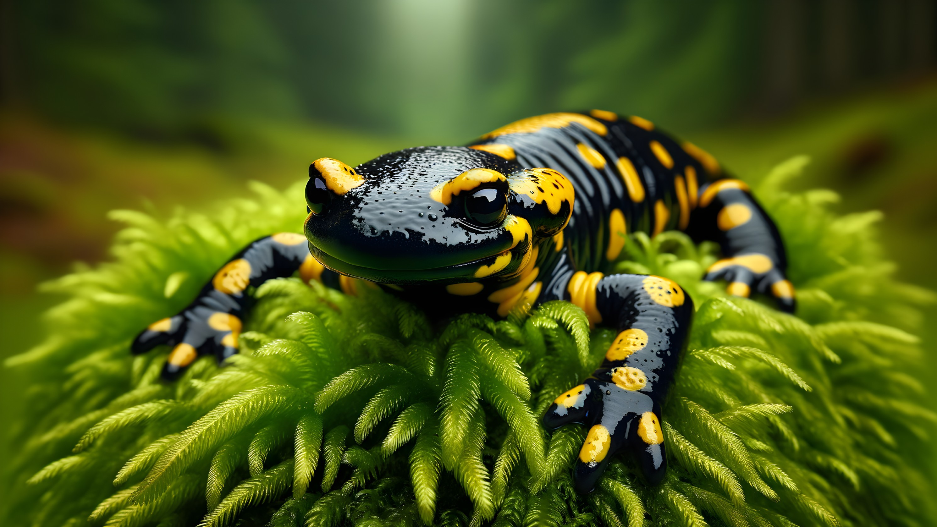 Vibrant Salamander on Green Moss in Forest Setting