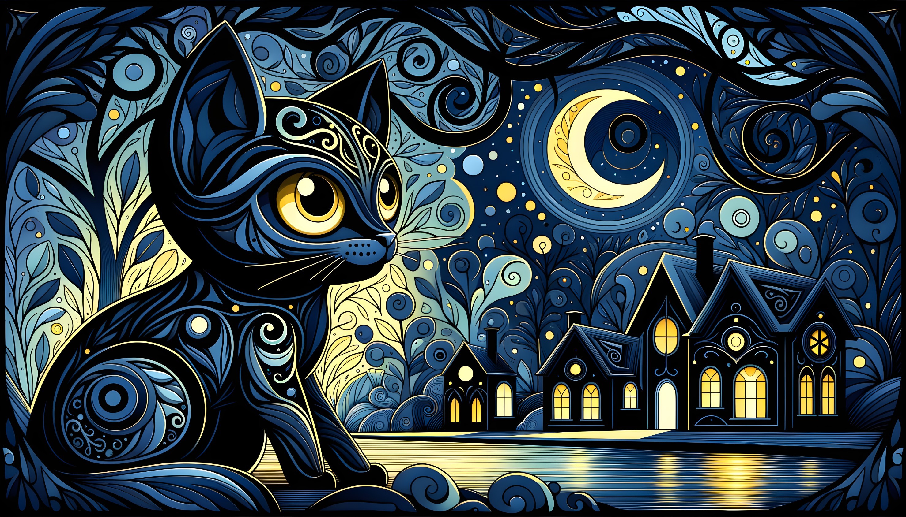 Whimsical Night Scene with Black Cat and Moonlit Landscape