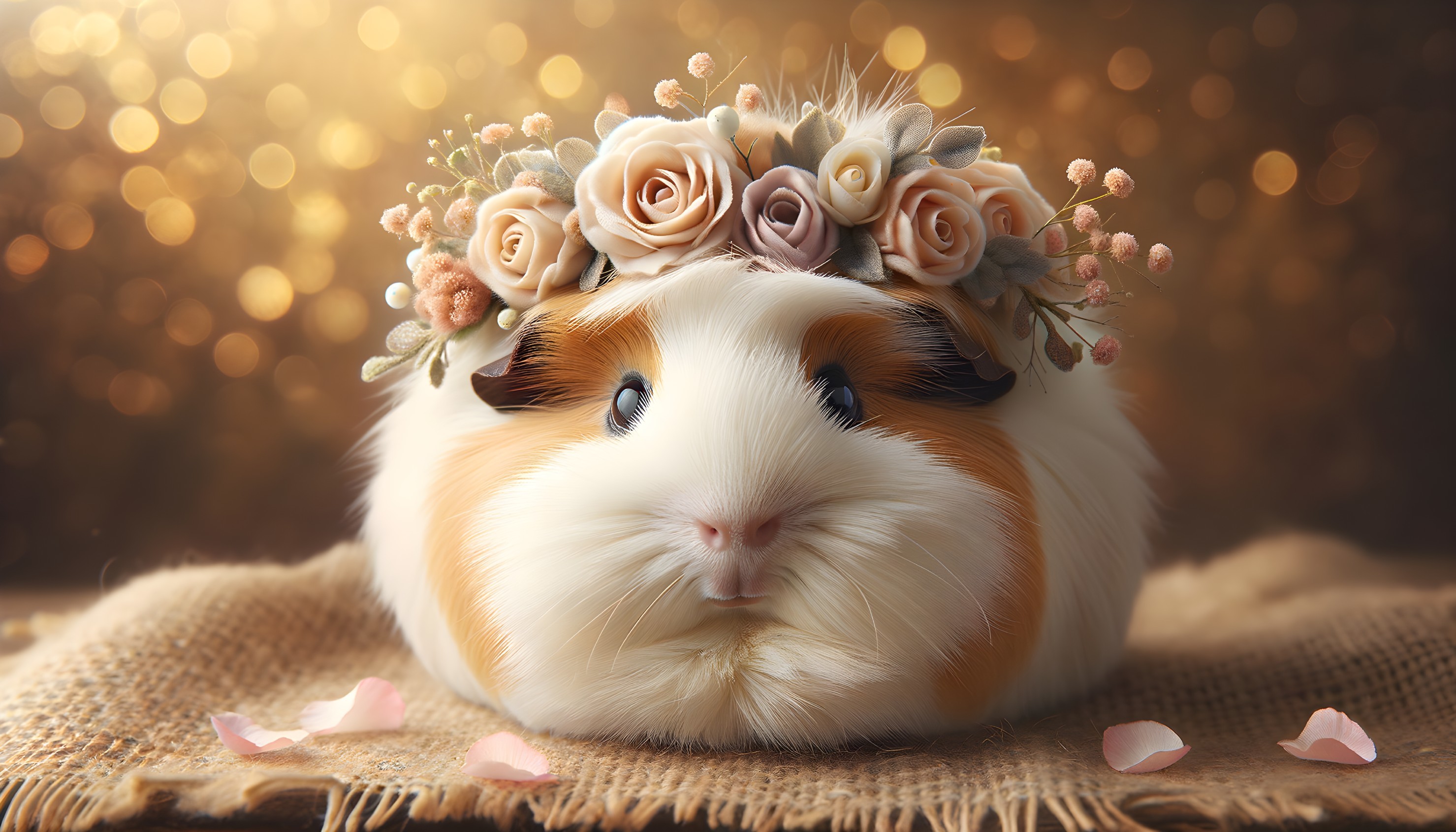 Guinea Pig with Floral Crown on Burlap Surface