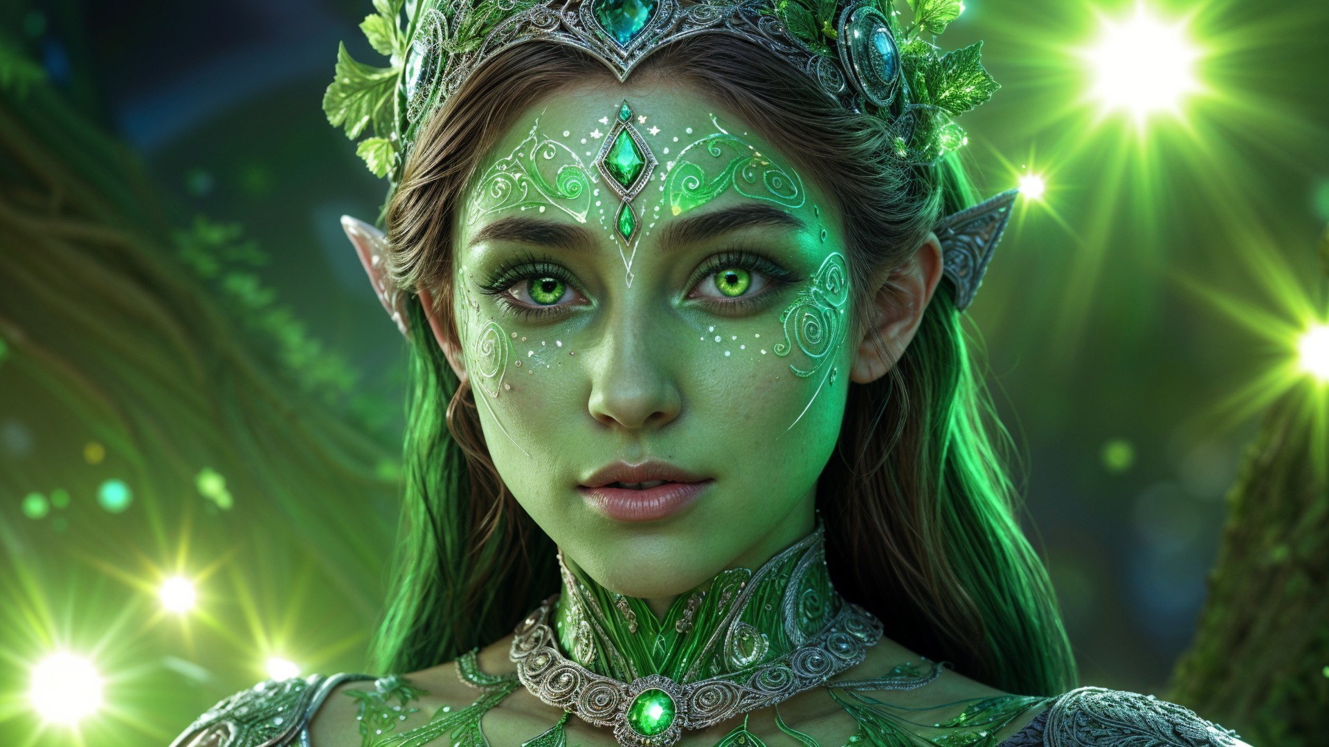 Mystical Elf with Green Skin in Enchanting Forest