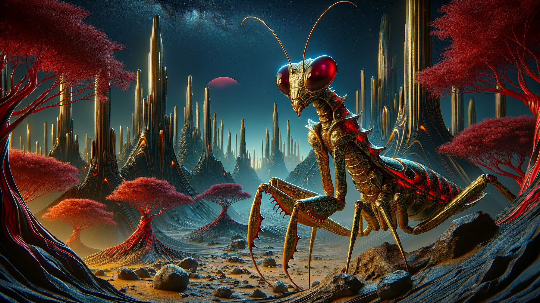 Surreal landscape with giant mantis-like creature