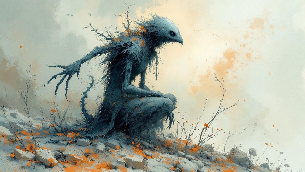 Humanoid Figure with Bird Head in Desolate Landscape